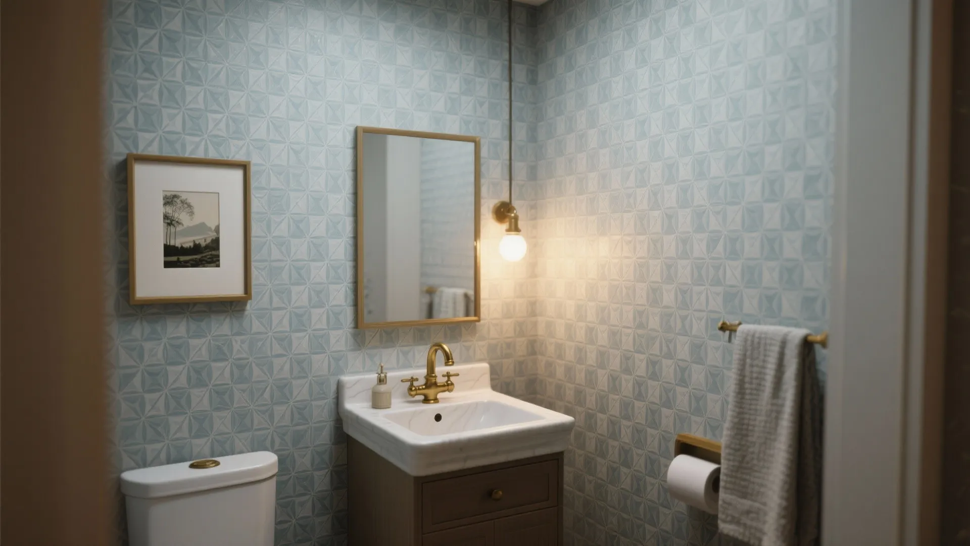 Small bathroom with blue patterned wallpaper wood cabinet white sink gold light fixture and mirror
