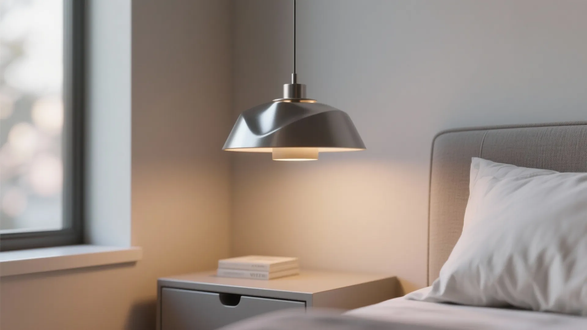 Compact sculptural pendant hung at proper height over a bedside in a small bedroom.