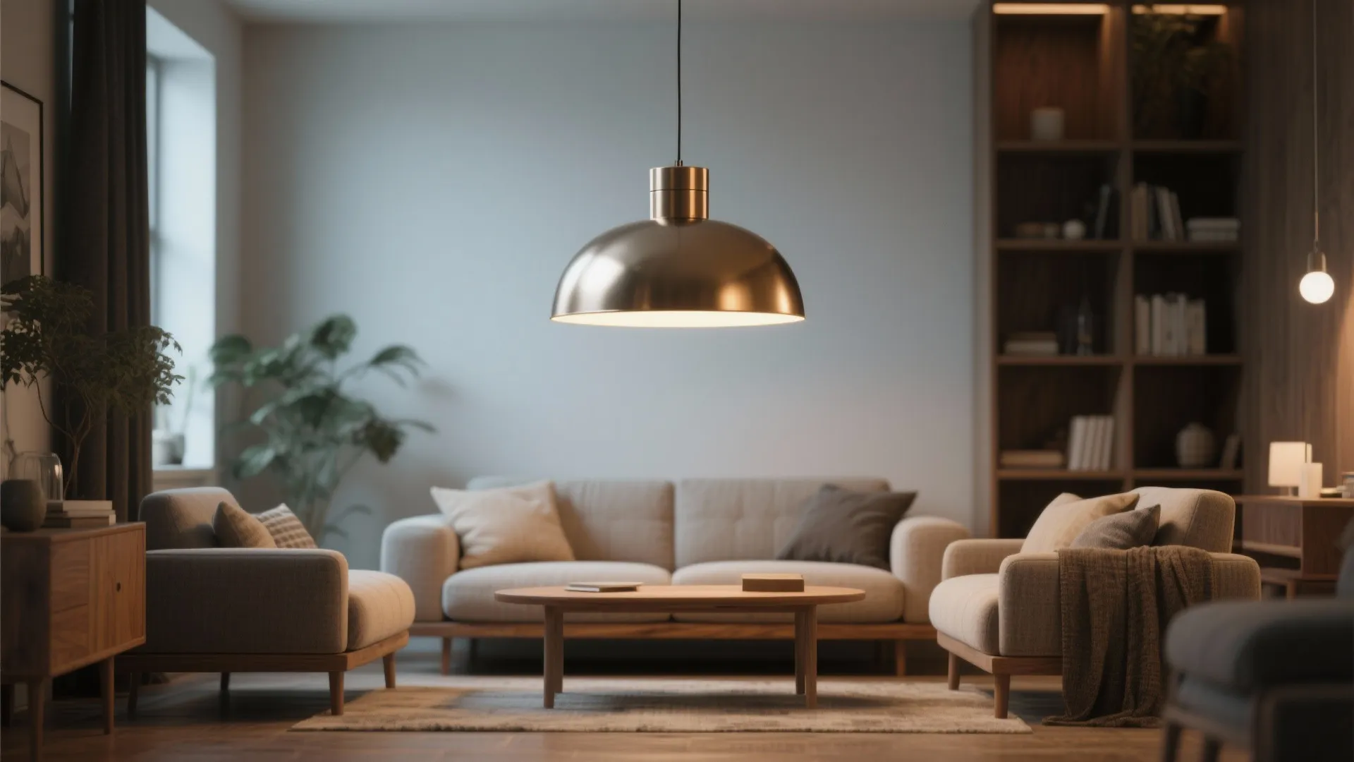 Scaled-down pendant light positioned over a small seating area to create a focal point.