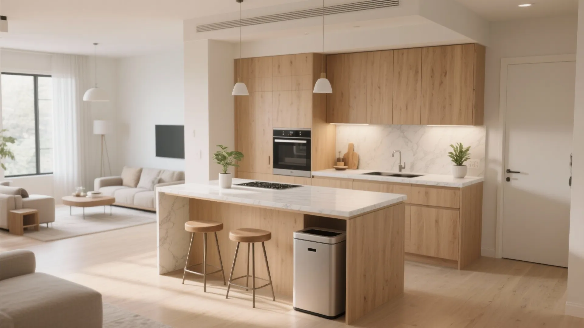 Modern kitchen with wood cabinets white marble island two stools and open living room view
