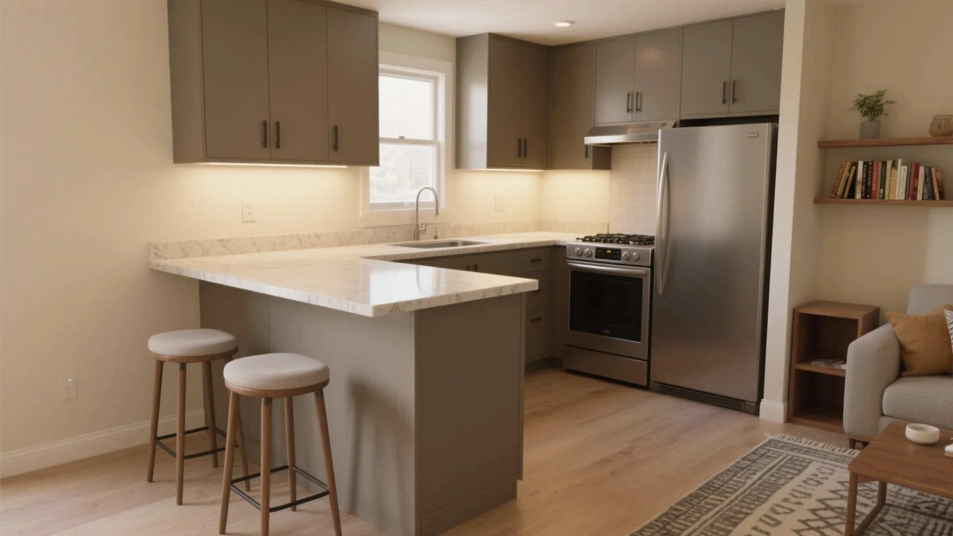 Modern kitchen with grey cabinets marble countertops stainless steel appliances two bar stools and wooden floor