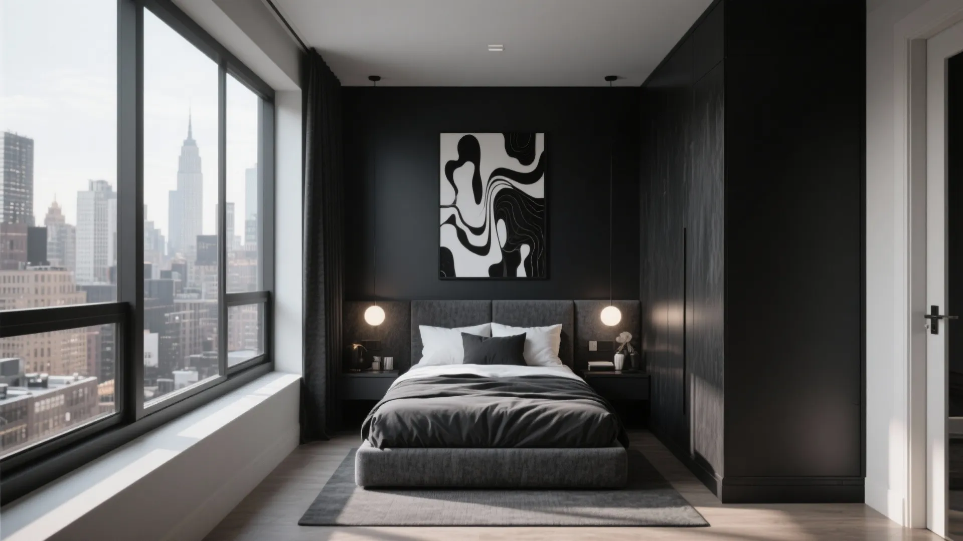 Small black bedroom interior design with city view window large cabinet and abstract wall art
