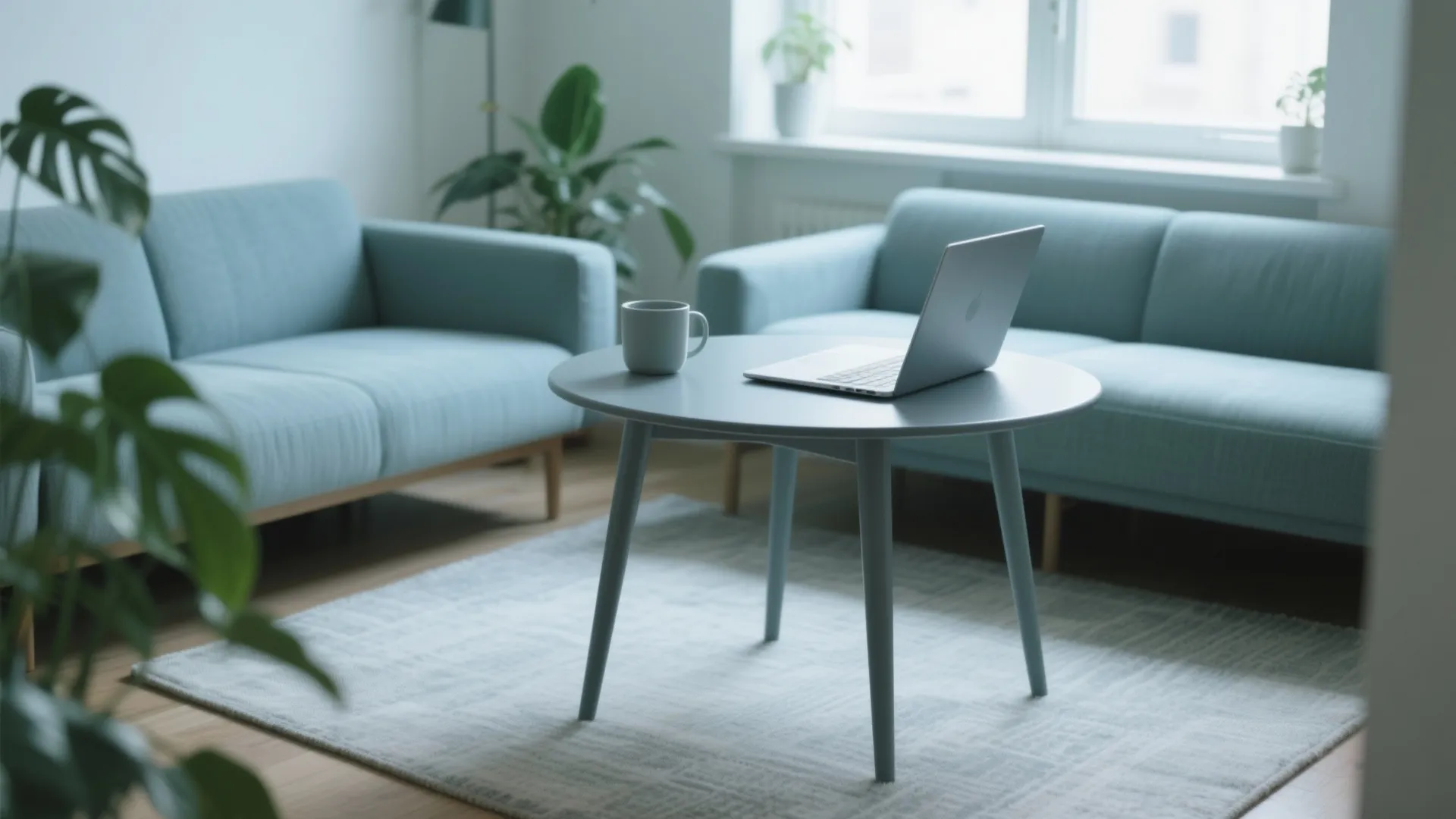 Modern living room with blue sofas, a round coffee table, laptop, mug, rug, and plants