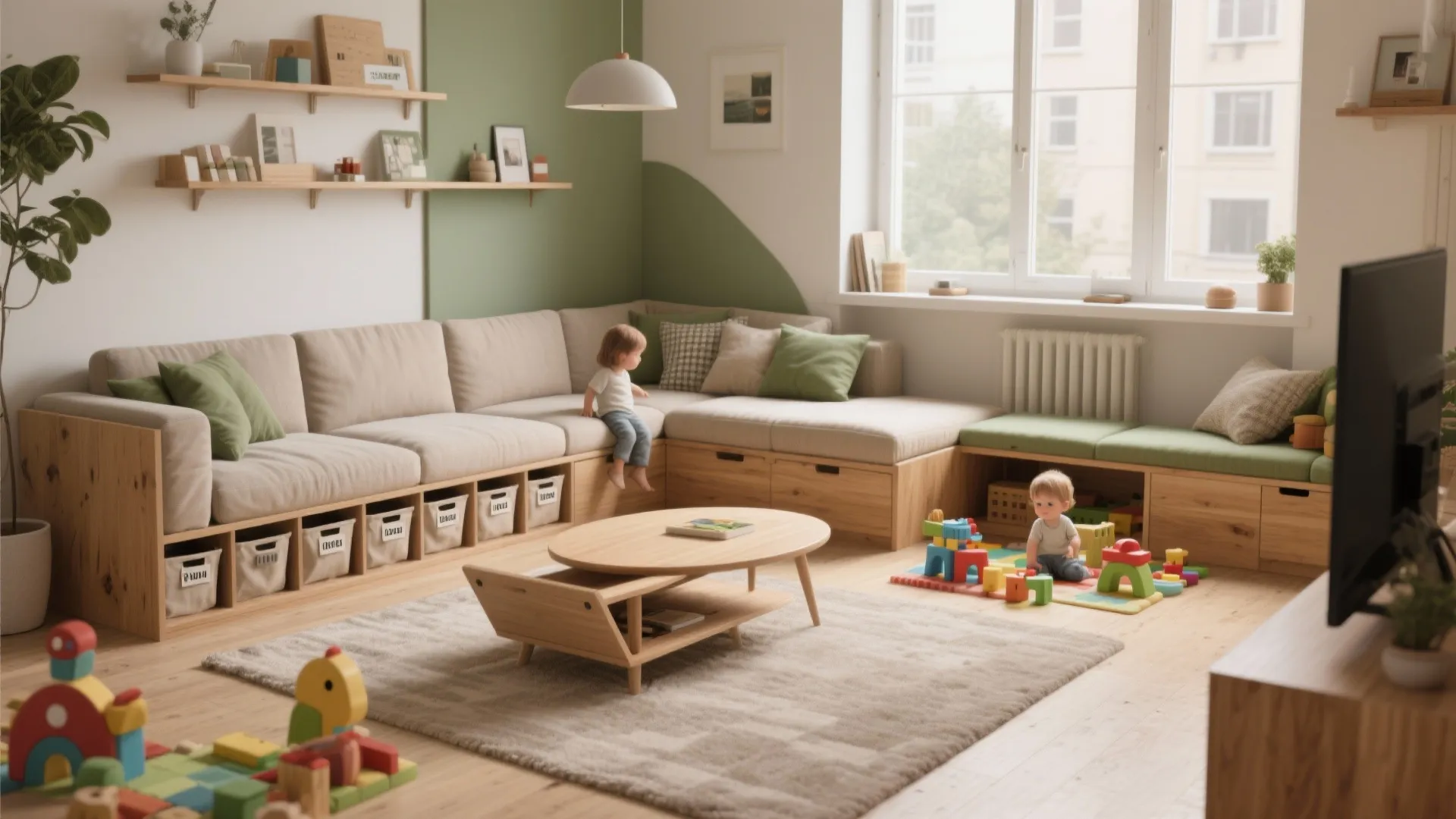 Modern playroom with large beige sofa wooden coffee table gray rug and colorful kids toy blocks