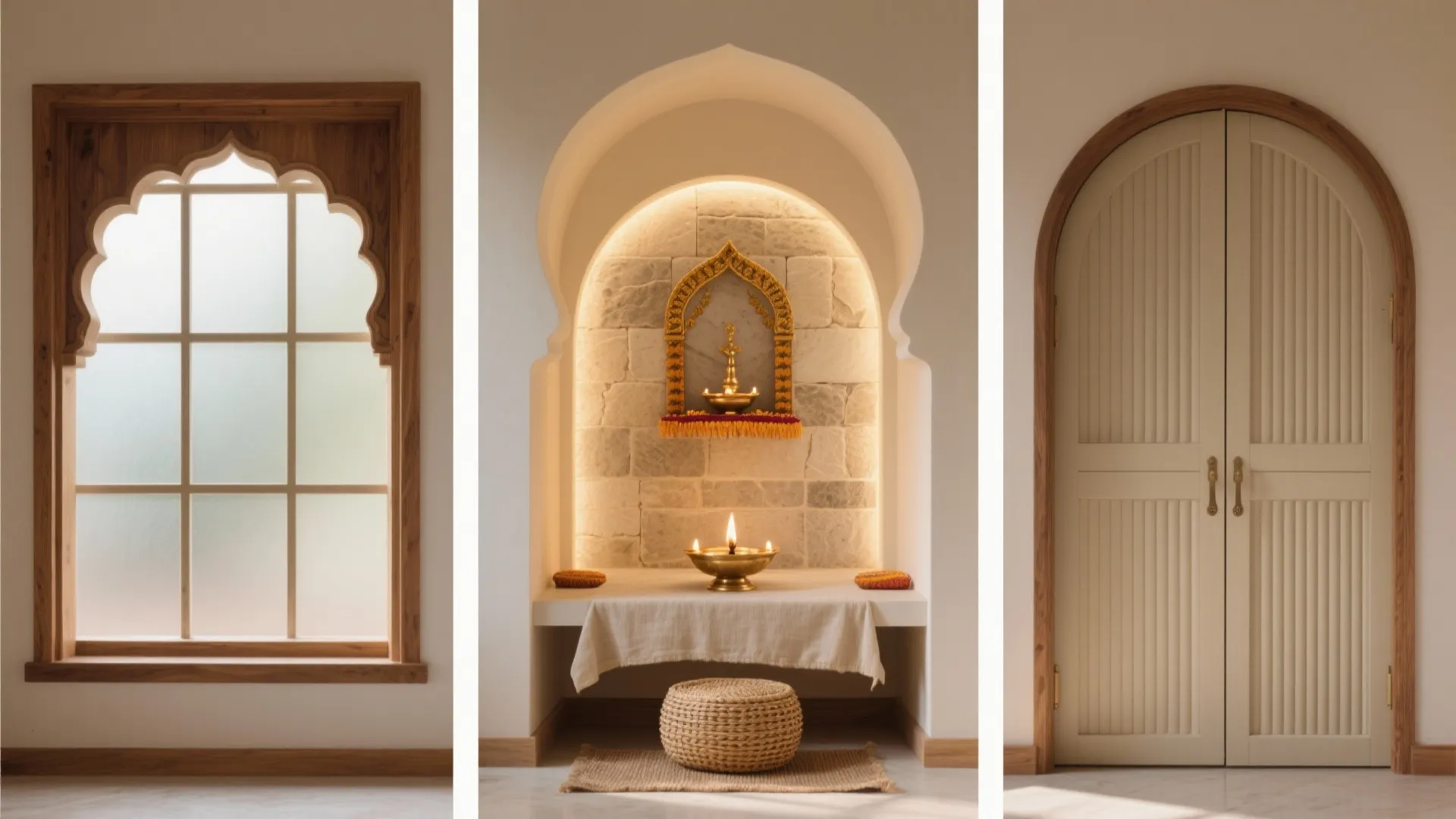 Traditional prayer room design with wooden window frame arch wall niche and cream arched double doors