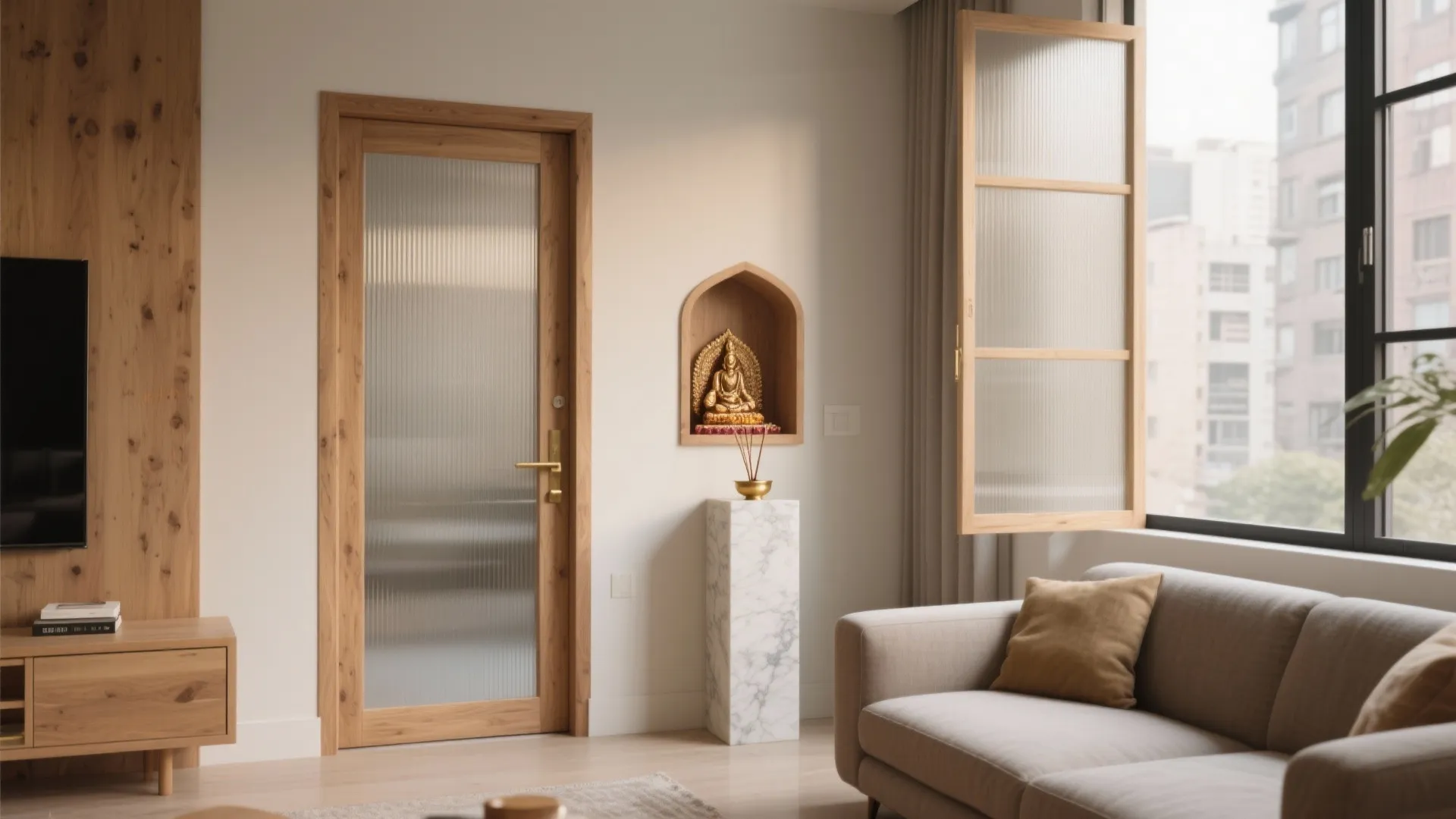 Modern living room with wooden glass door marble stand small gold statue and beige sofa