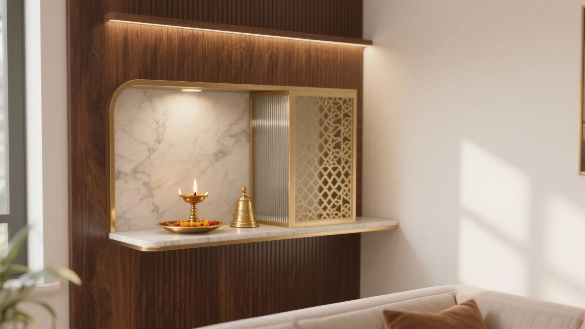 Modern wall mounted prayer shelf with marble surface candle light and decorative gold metal screen design