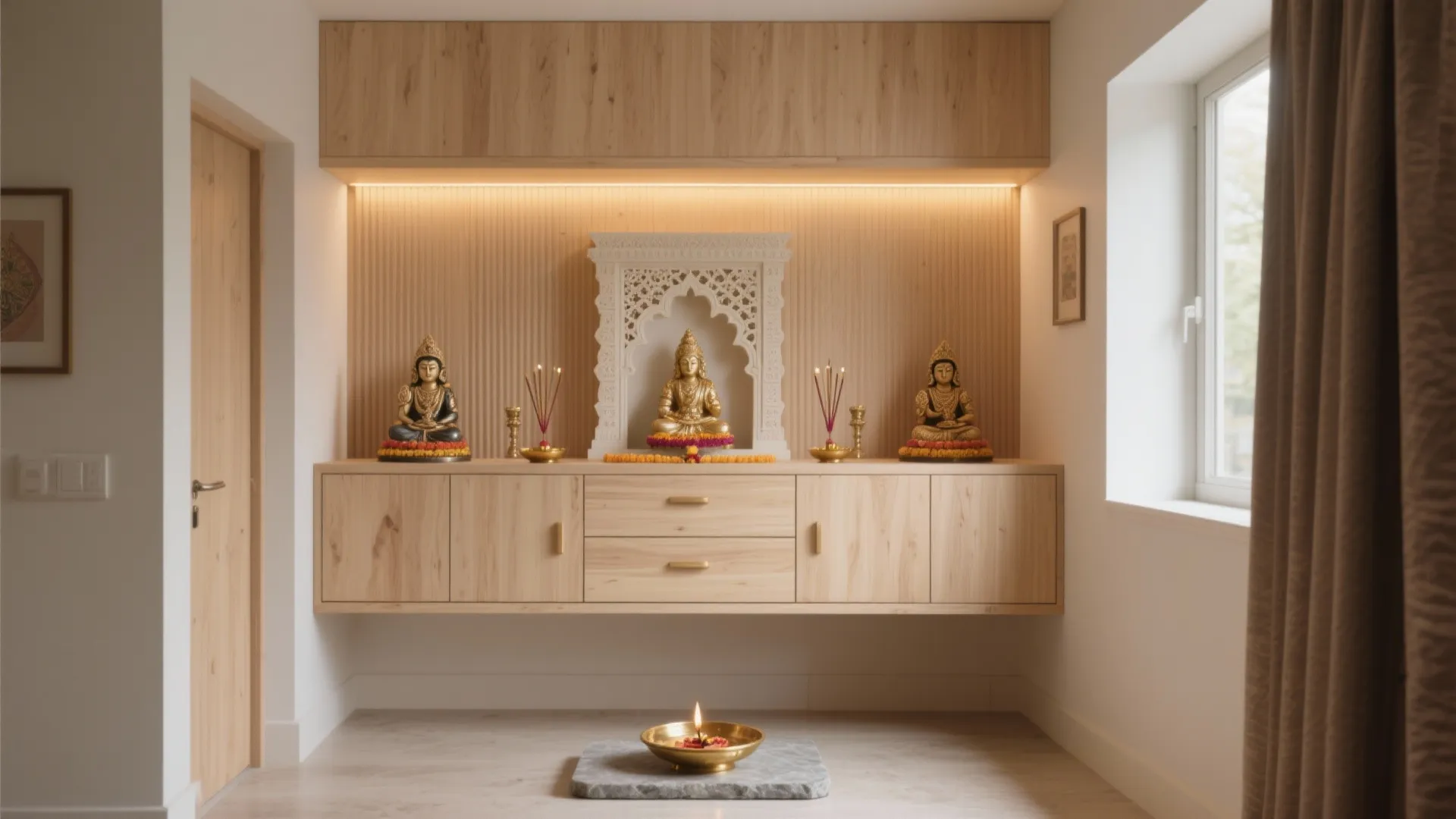 Modern prayer room with light wood floating cabinet three gold statues and soft warm lighting