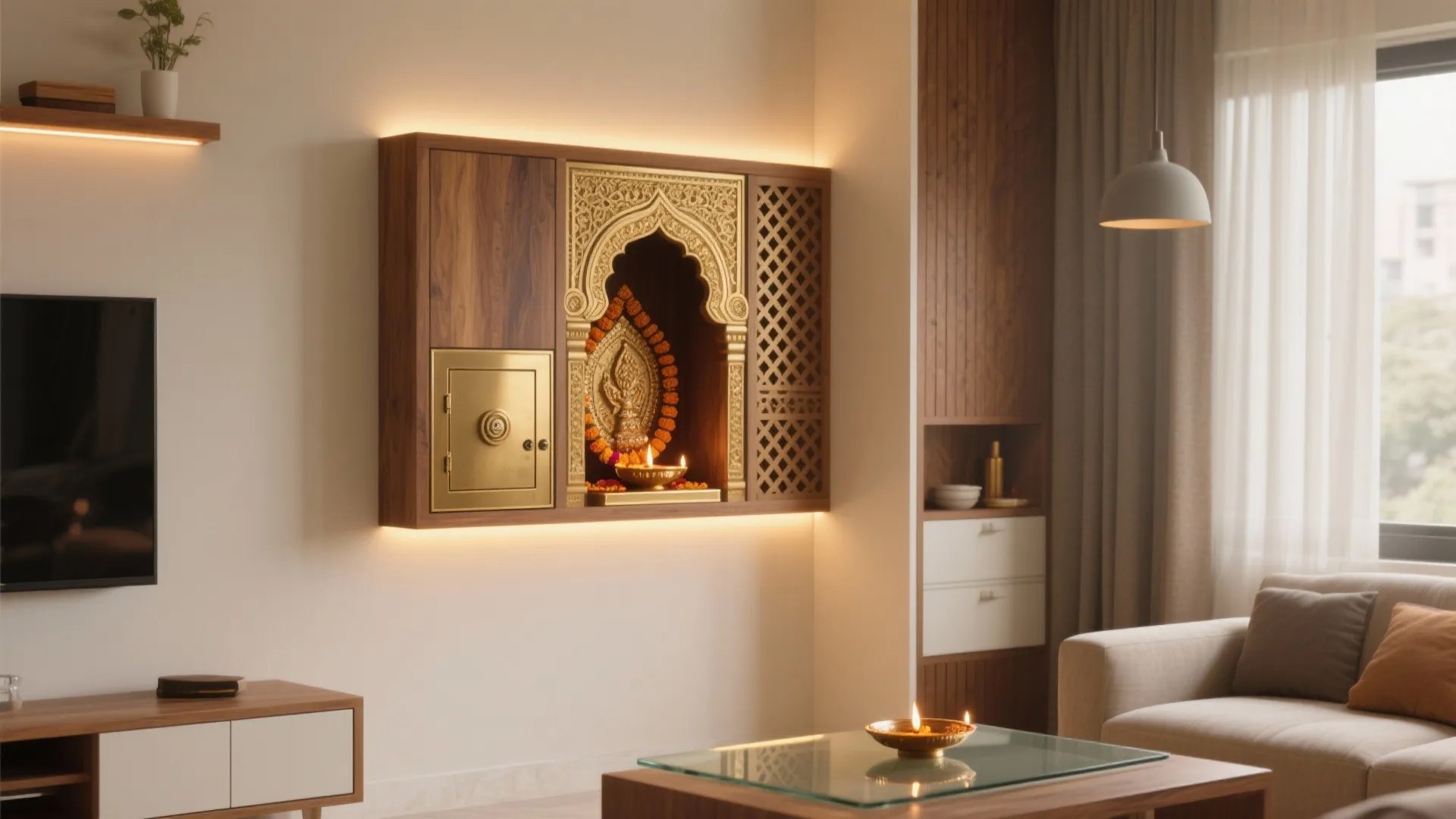 Modern living room with wall mounted wooden cabinet gold wall panel sofa and ceiling light