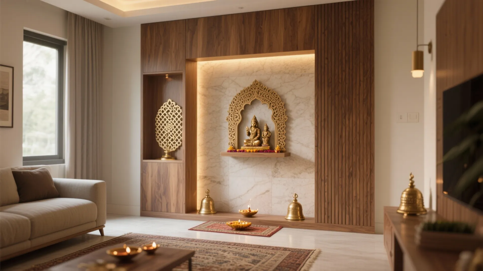 Modern living room with wooden wall unit featuring golden statue and small candles for worship
