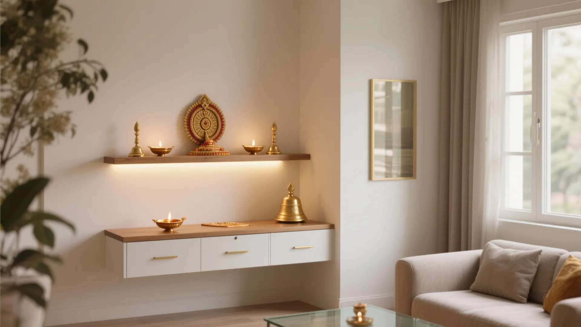 Minimalist living room with white wall cabinet wooden shelves gold decorations beige sofa and natural light