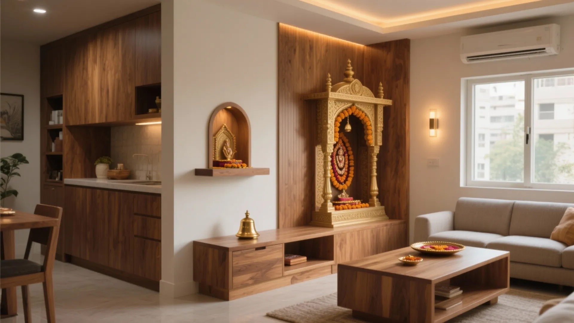 Modern living room featuring wood cabinets gold prayer altar grey sofa and large bright glass window