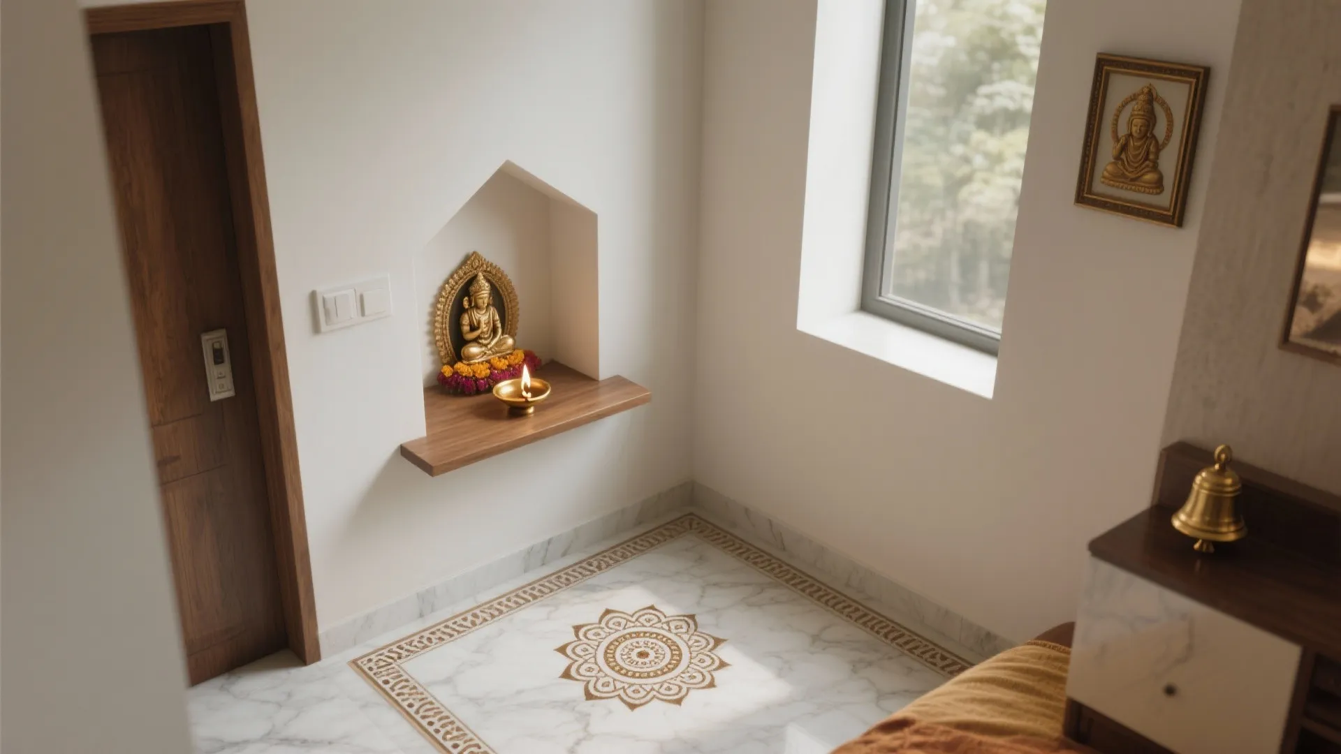 Small wall shelf with golden statue and candle light next to a white window and door