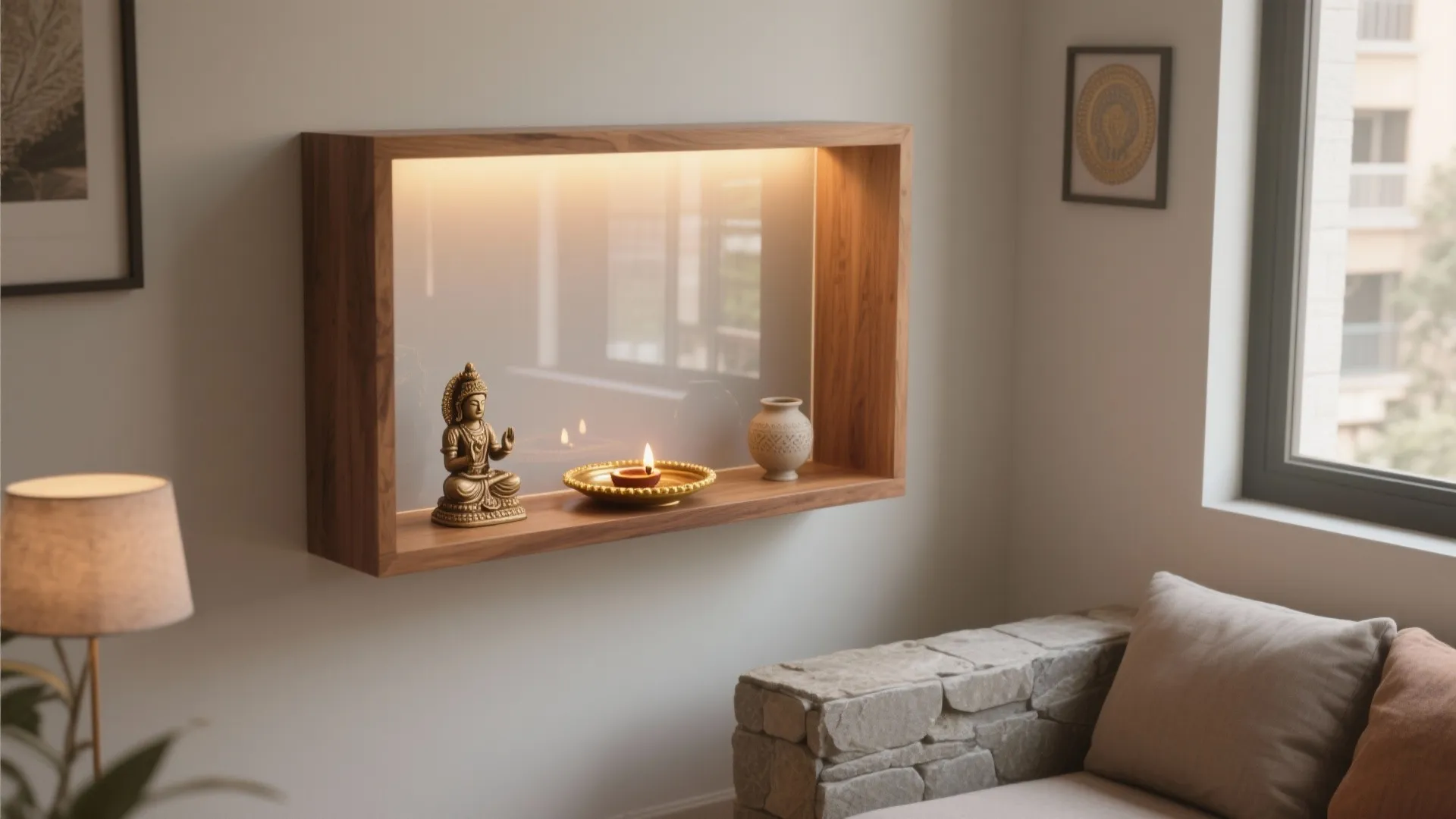 Modern wood wall shelf with small statue candle light and vase in a cozy room