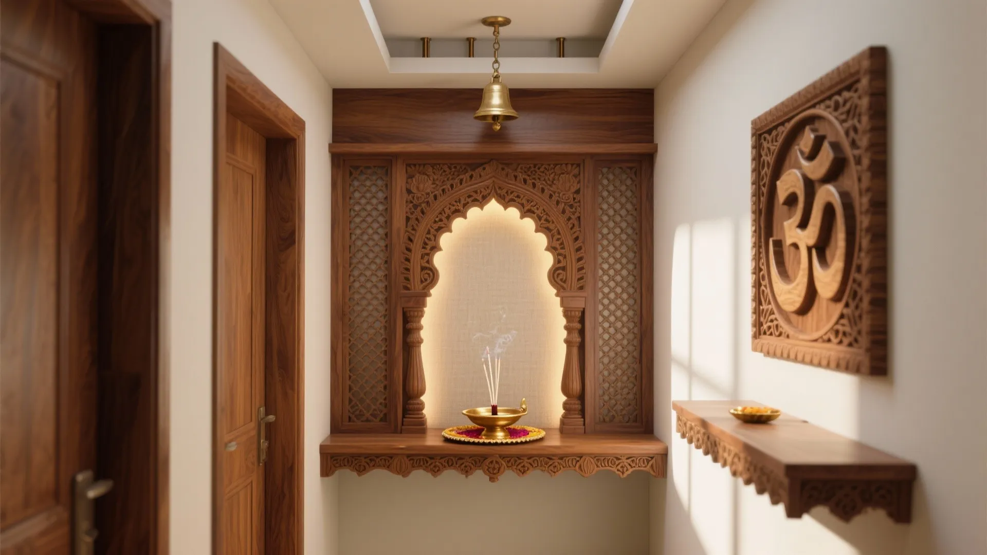 Carved wood wall cabinet with incense and hanging bell located in a narrow home hallway