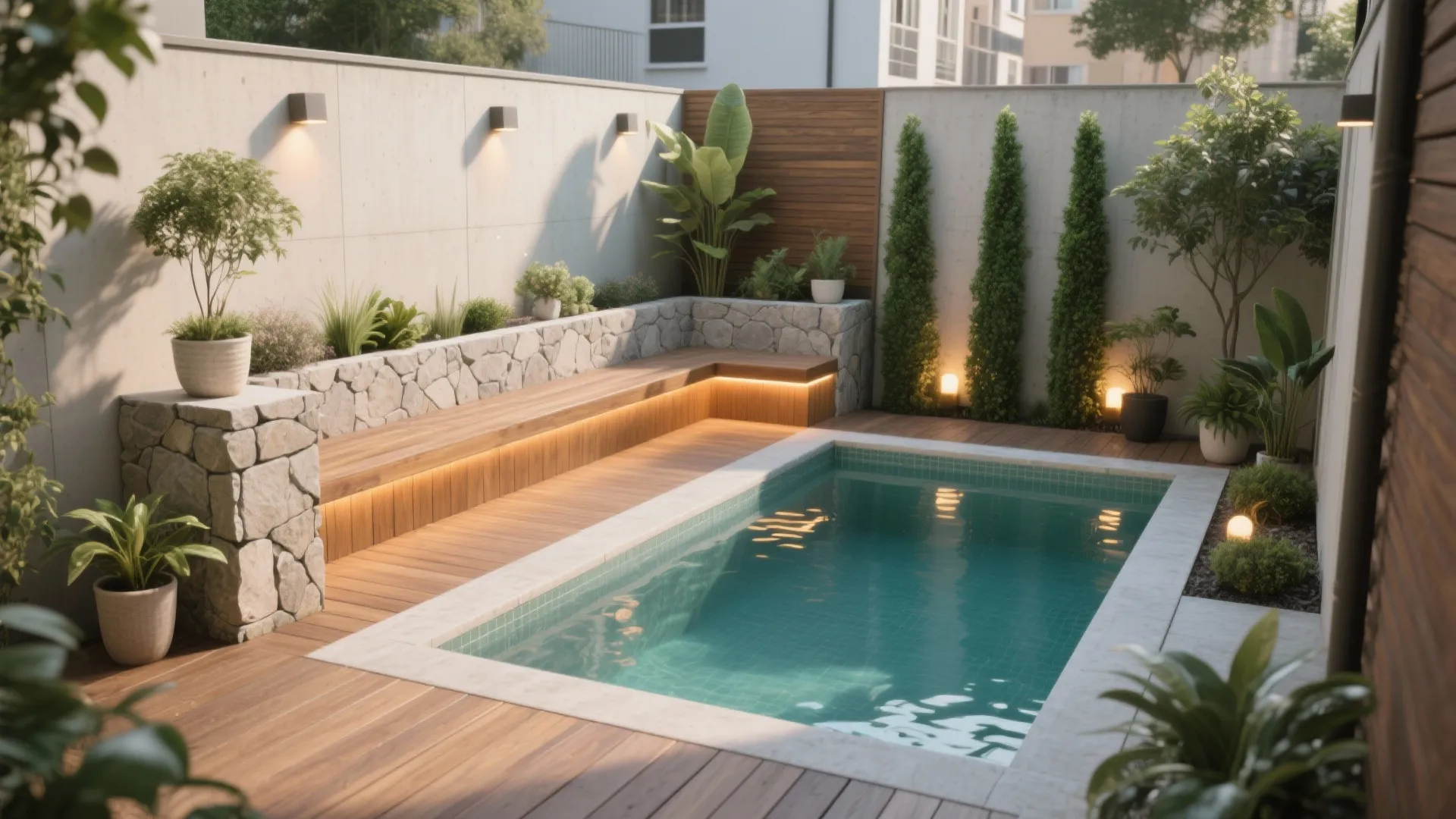 Small backyard swimming pool with wood deck stone wall seating built-in lights and lush green plants