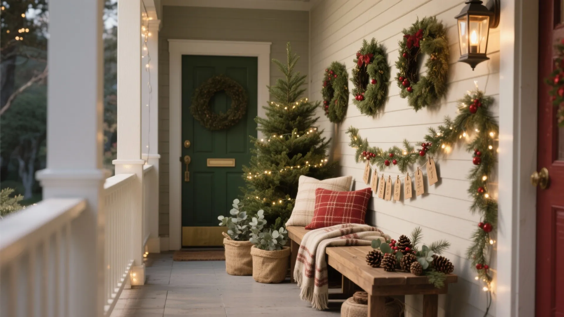 Christmas decorated porch featuring a wooden bench with pillows green wreaths and a small tree