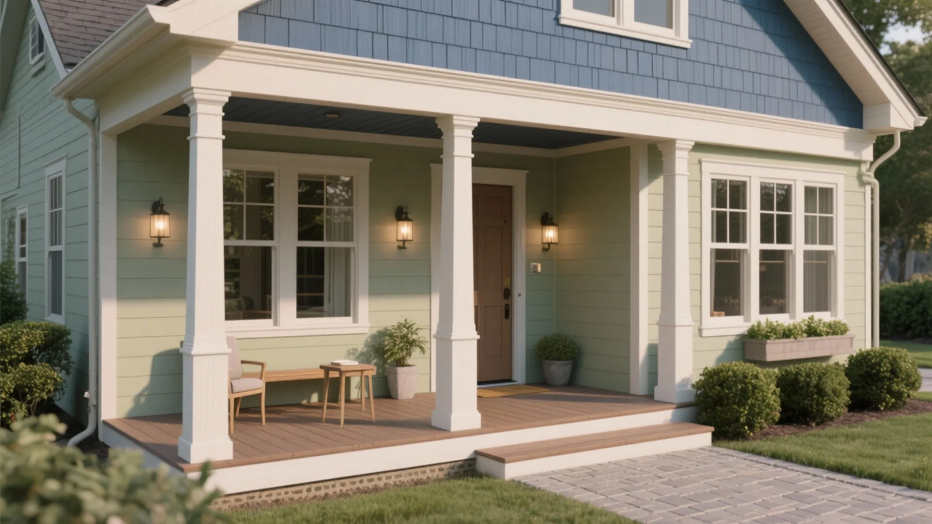 Small front porch with light green walls white columns wooden floor bench plants and lights