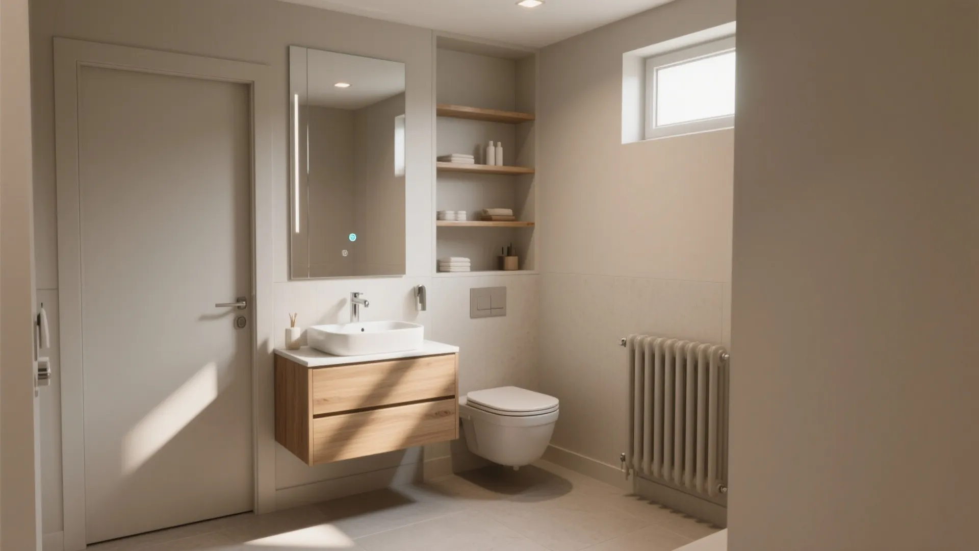 Small modern bathroom with wooden cabinet white sink toilet wall shelves and a radiator heater