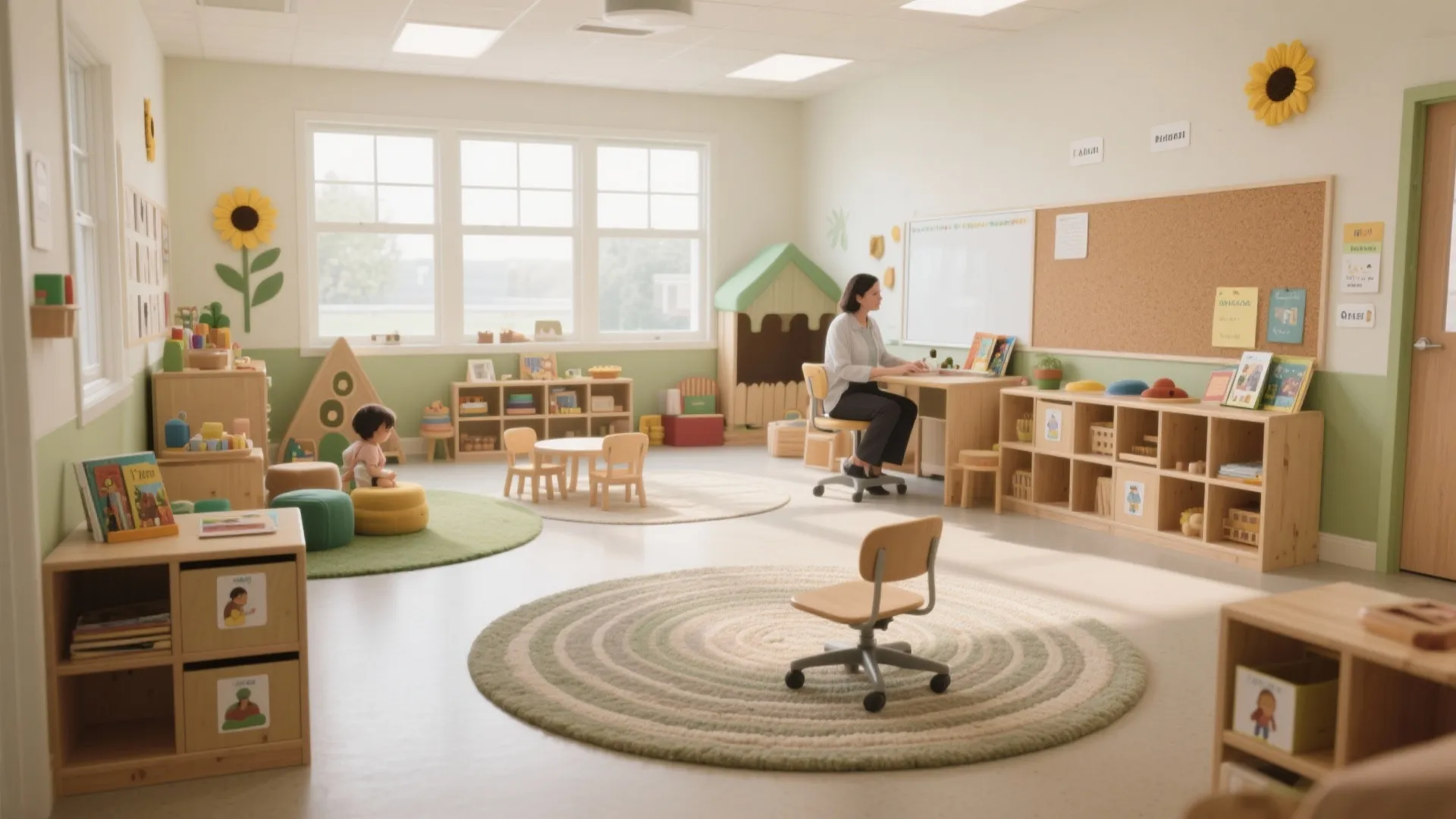 Teacher at wooden desk in bright classroom with child sitting on rug near large windows