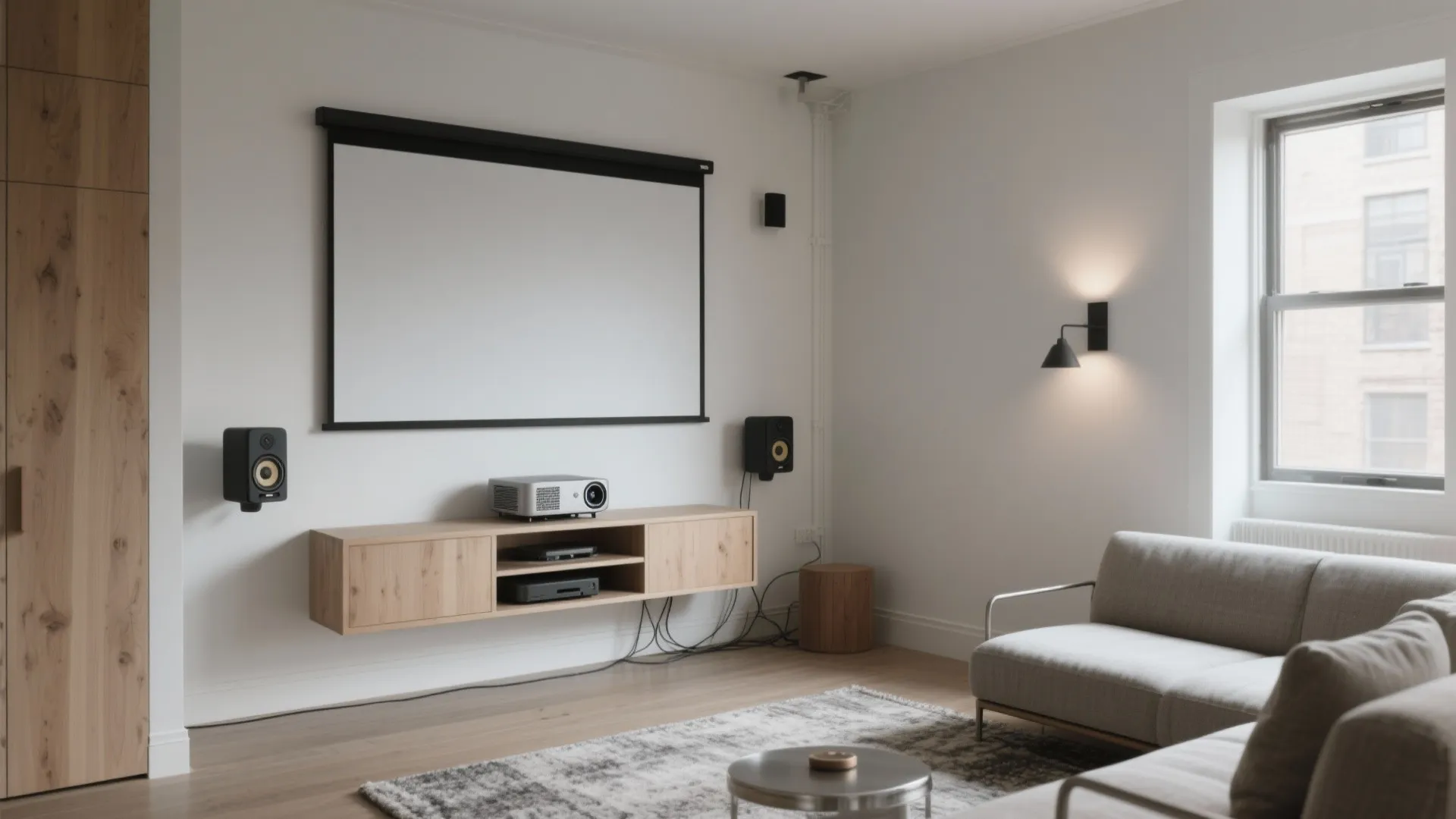 Modern home theater featuring a projector screen, wooden cabinet, speakers, sofa, and a wall light