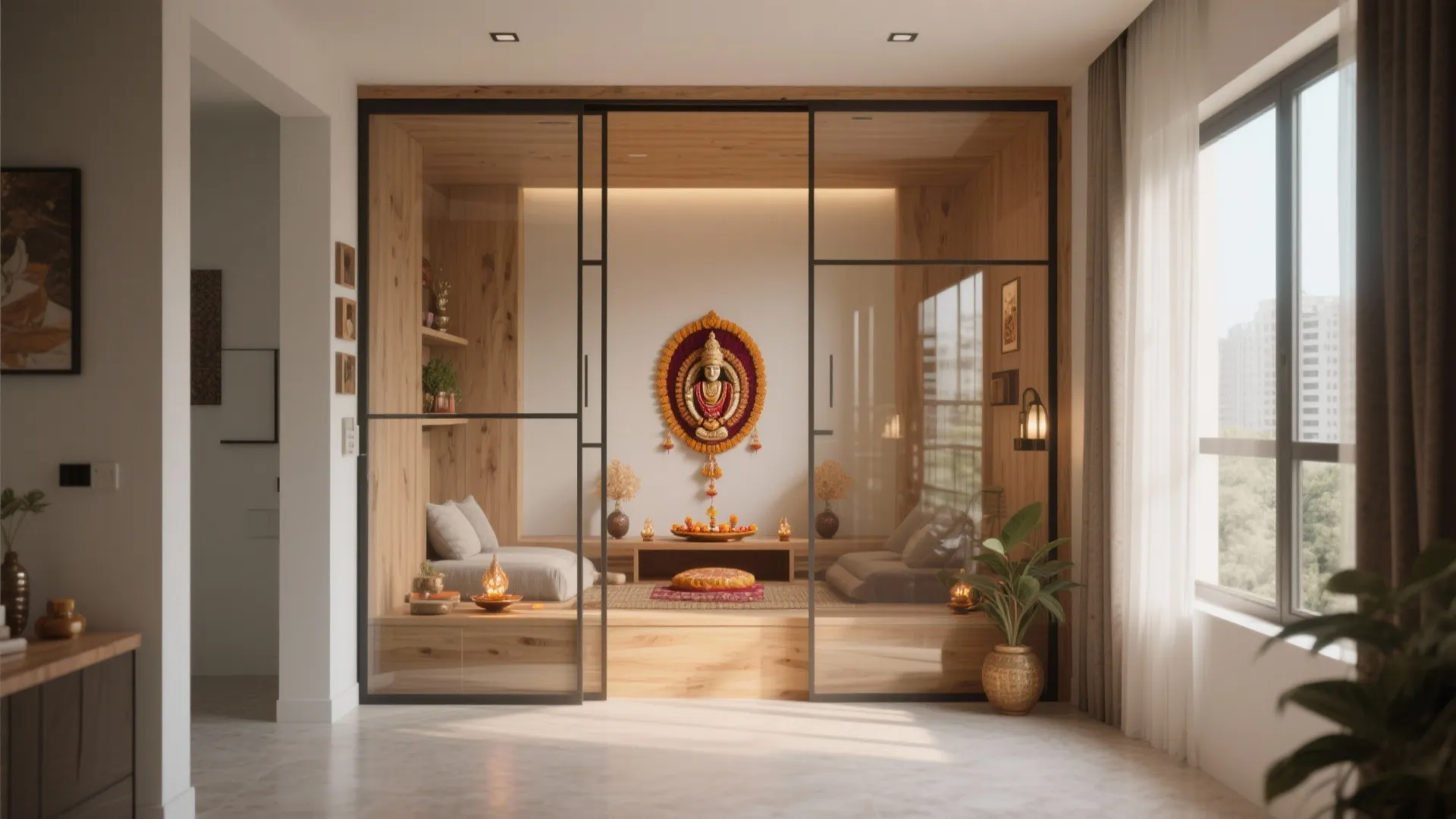 Small prayer space with glass sliding doors wood panels floor seating and a large window view