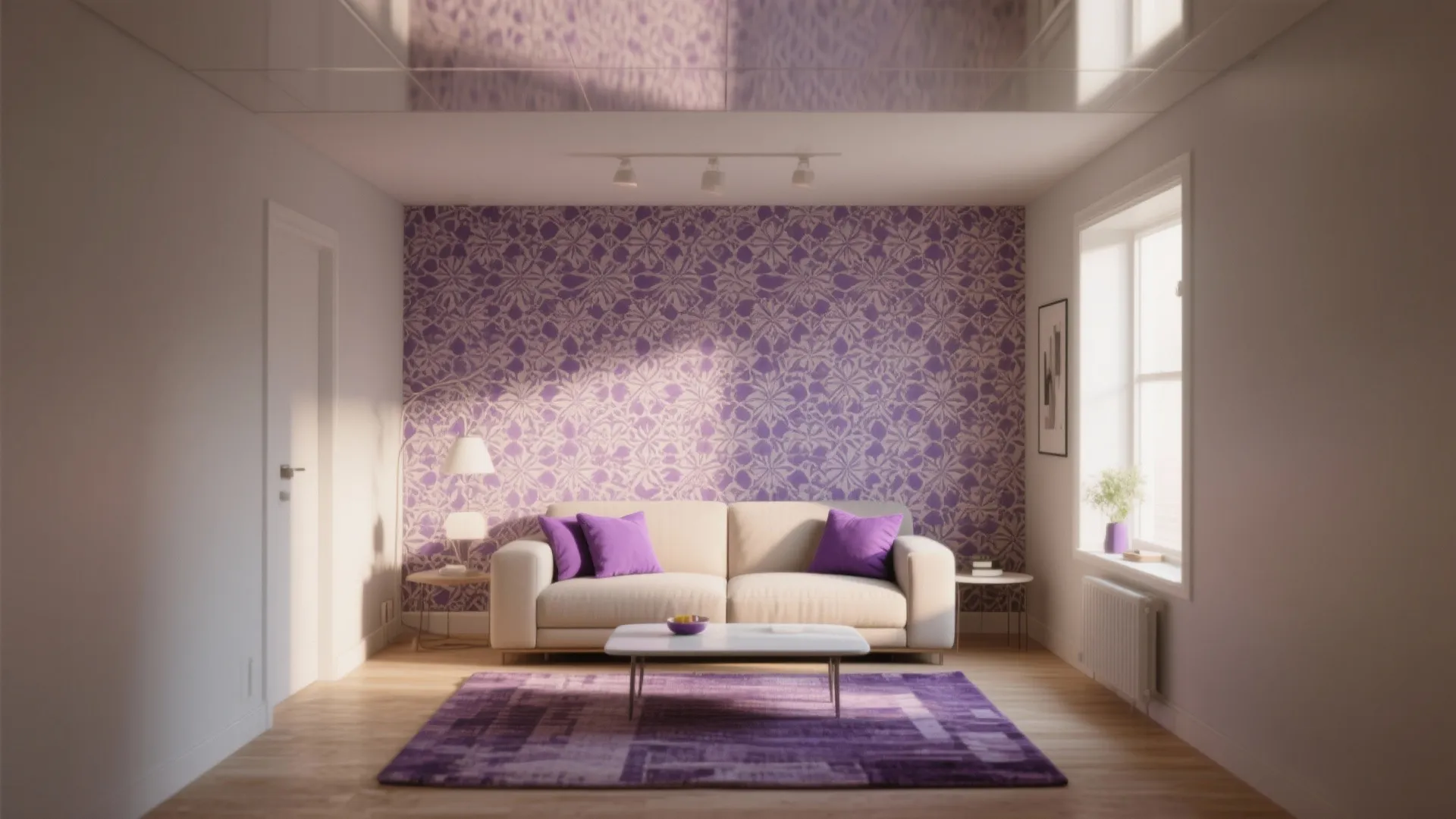 Living room with purple floral wallpaper, cream sofa, purple pillows, purple rug, and natural light