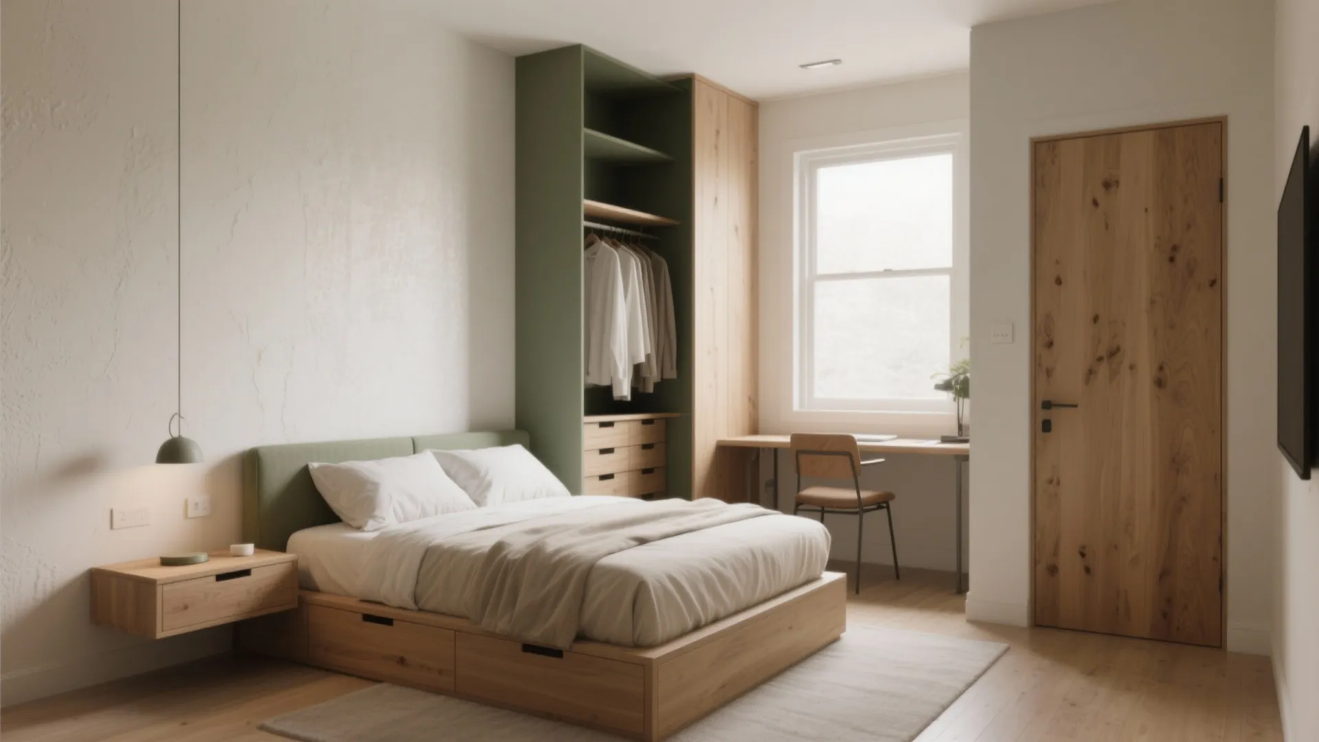 Minimalist bedroom with light wood furniture green storage cabinet desk by window and white bedding