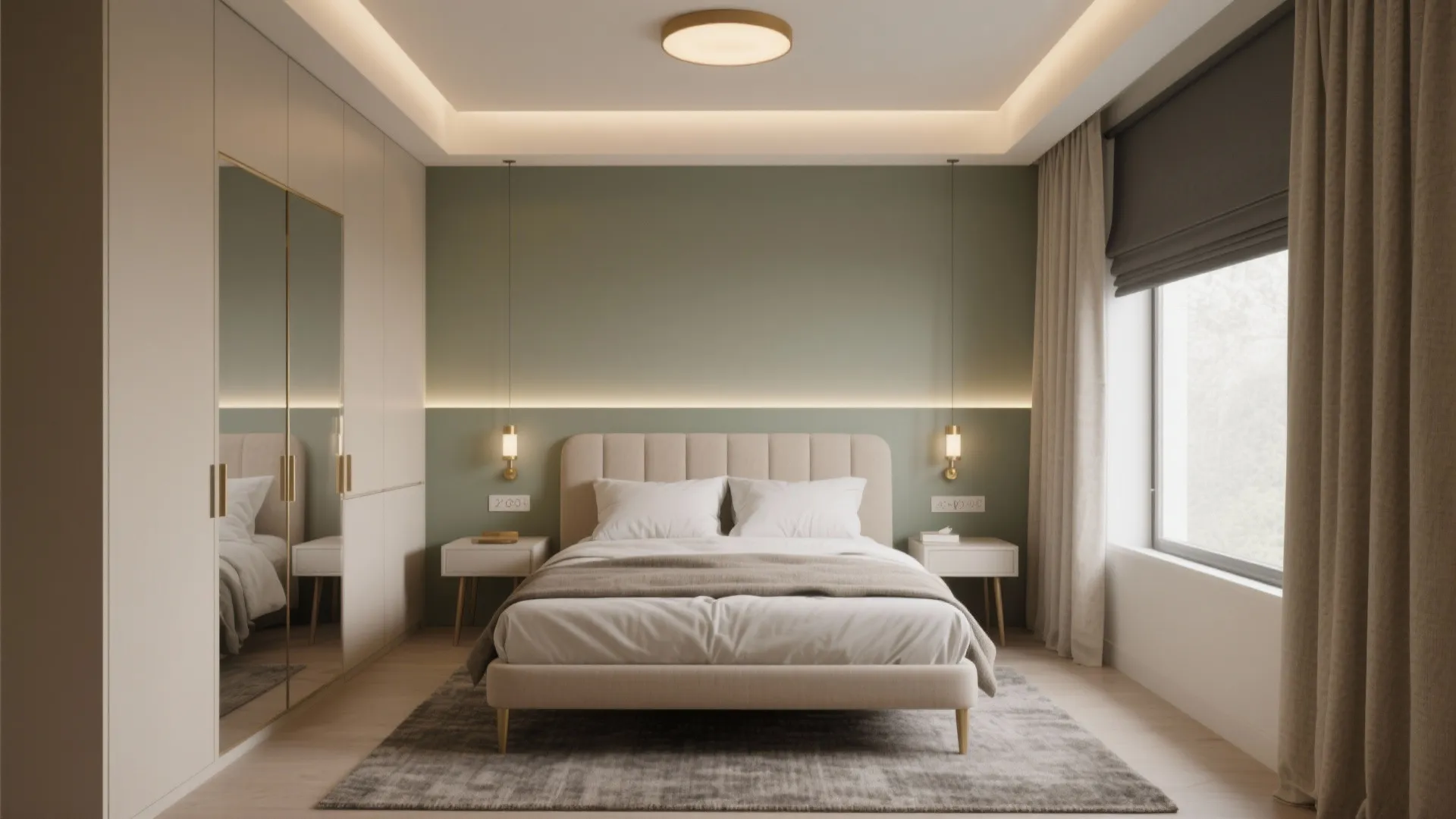 Modern bedroom with green wall, beige bed, white wardrobe, carpet, window curtains, and ceiling light