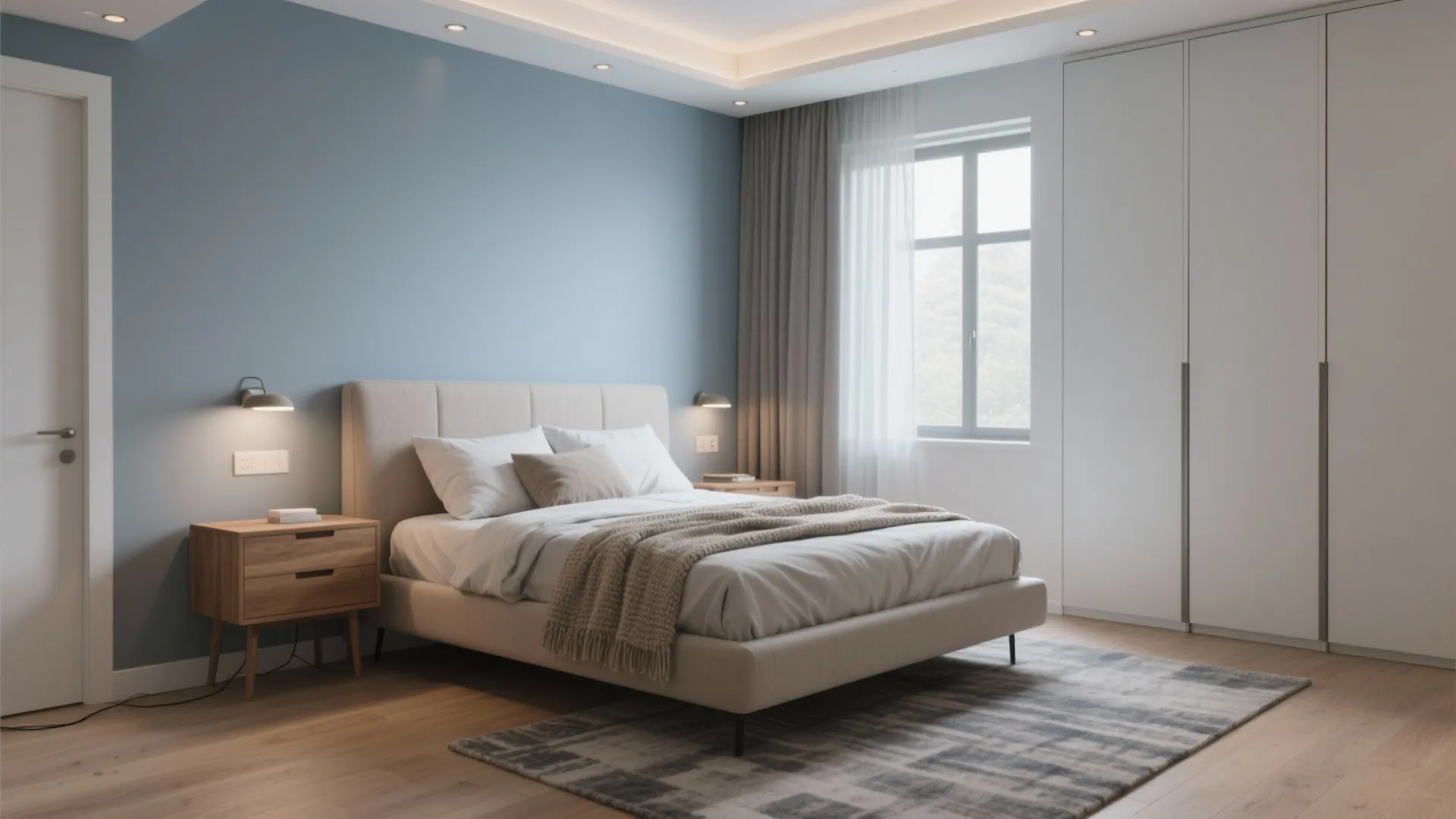 Modern bedroom featuring blue wall, beige bed, wooden nightstand, wall light, wardrobe, and window curtains