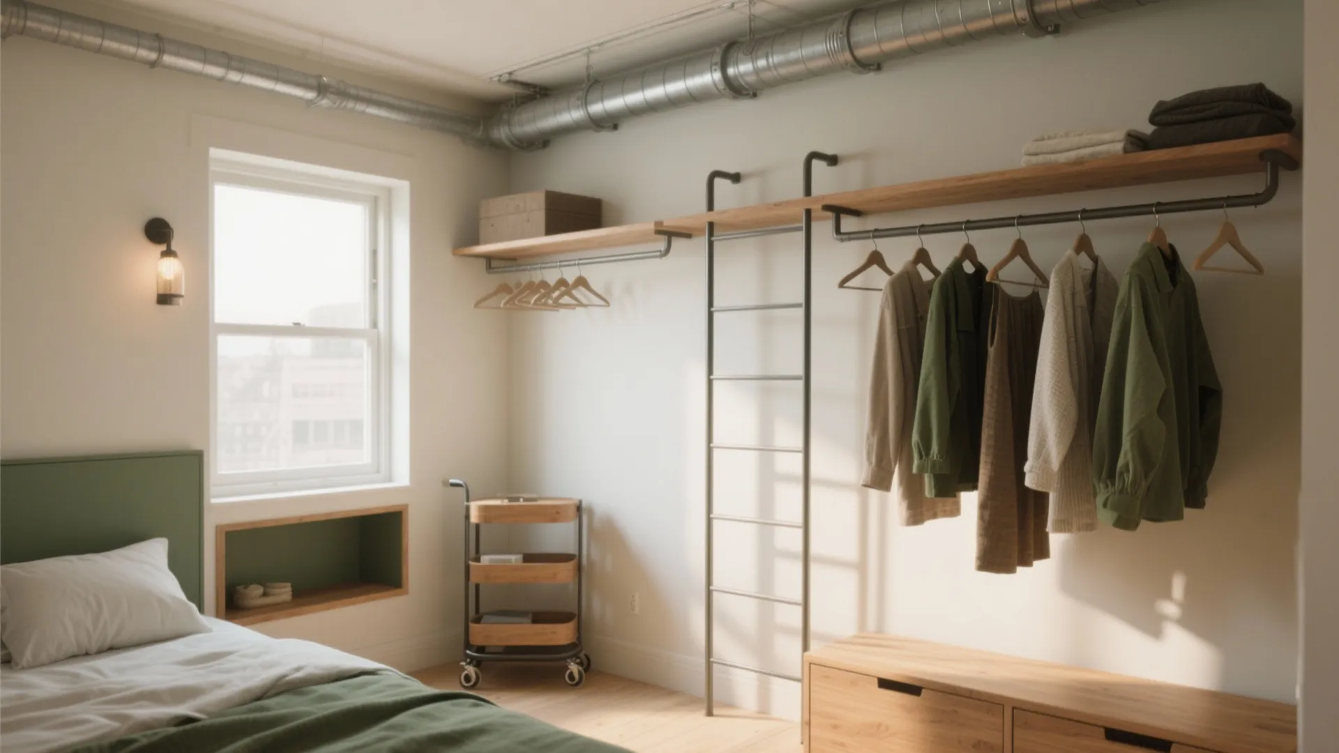 Industrial studio bedroom with metal ladder shelf clothes rail green bedding and wooden storage cabinet