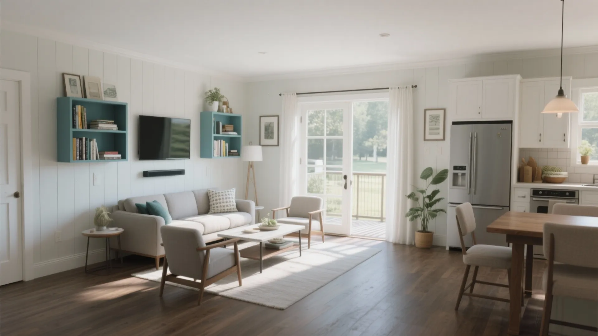 Modern open living room with grey sofa blue wall shelves white curtains and wooden floor