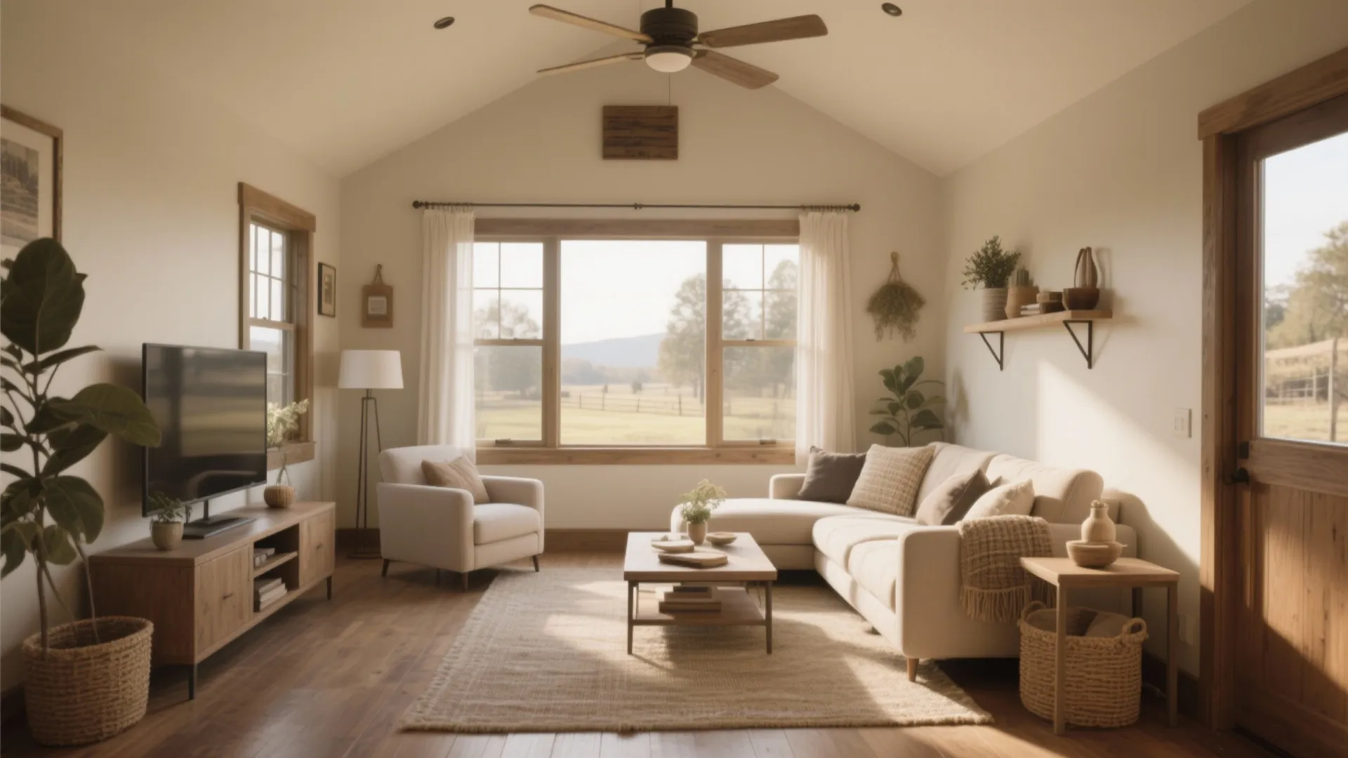 Cozy ranch living room with vaulted ceiling wooden furniture white sofa large window and natural light