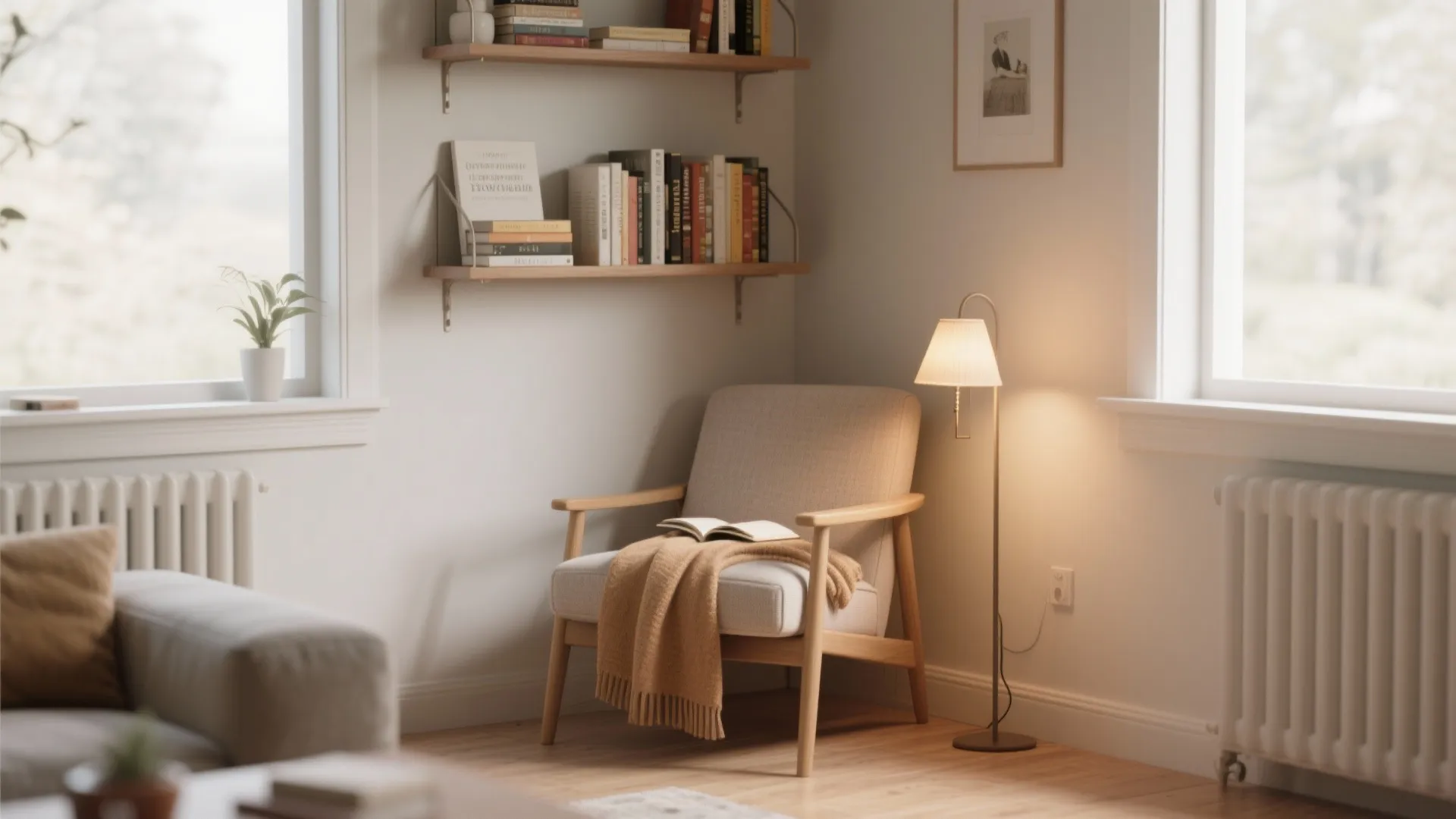 Cozy reading corner featuring a grey armchair with a yellow blanket next to a lamp