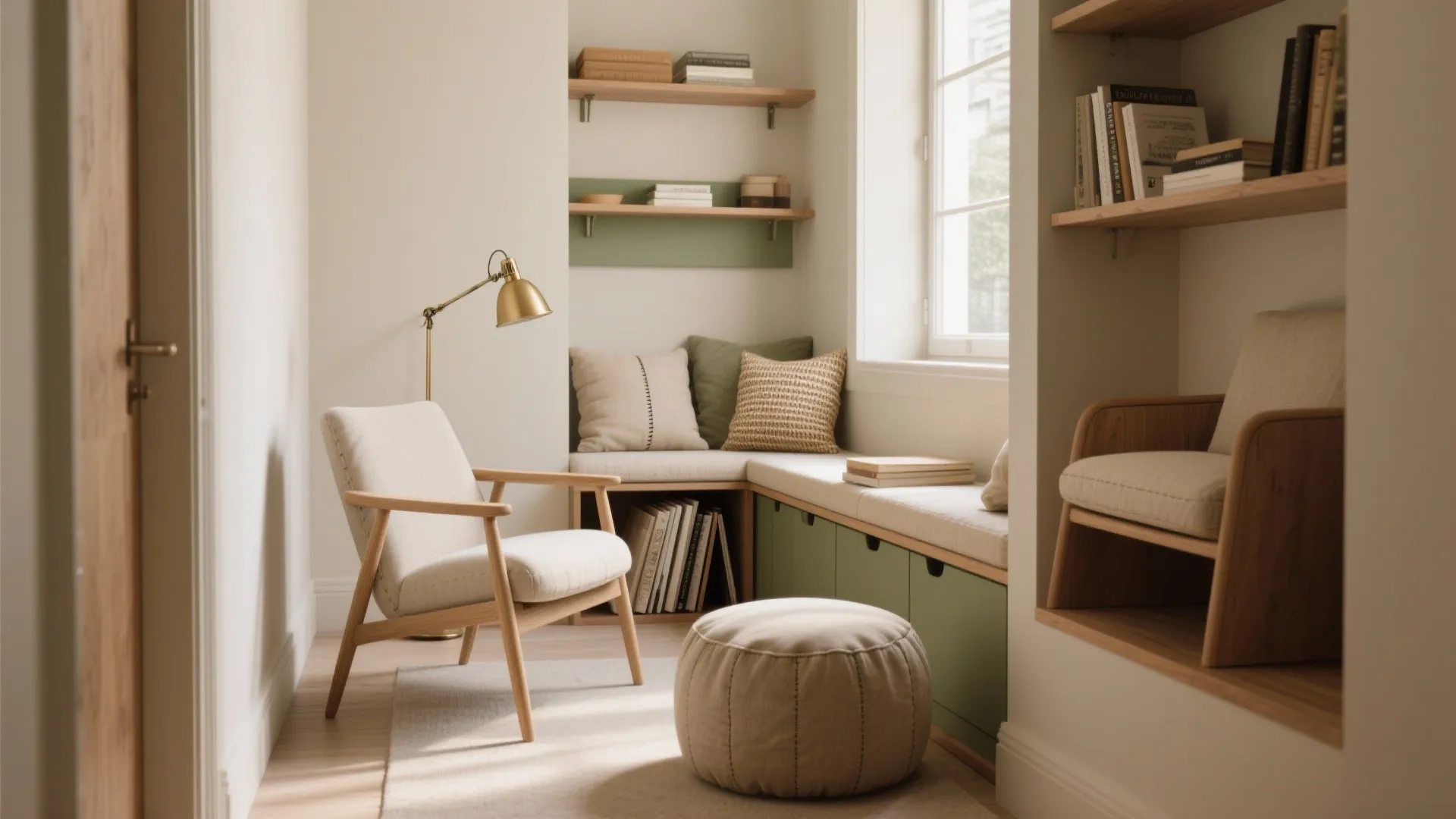 Small cozy reading nook featuring green bench seating a beige armchair and a round footrest