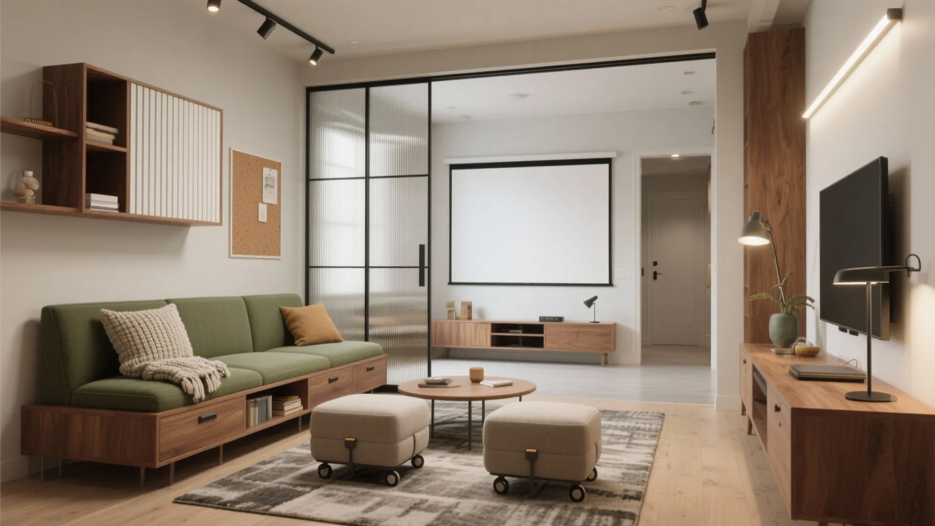 Modern living room with green sofa wooden cabinet glass sliding door and white projector screen
