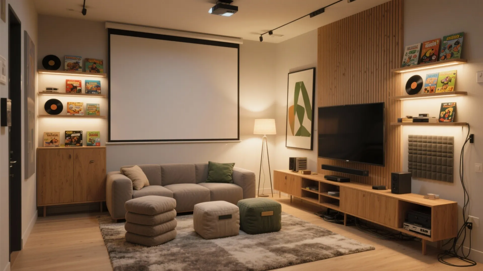 Modern entertainment room with large projector screen television wood wall panel floor lamp and grey sofa