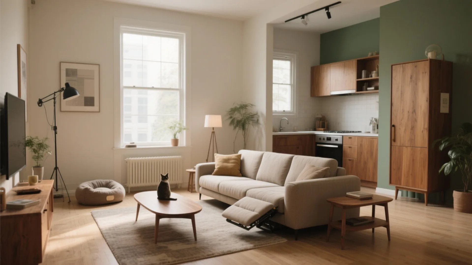 Modern open living room with cream sofa coffee table cat wood floor and kitchen background