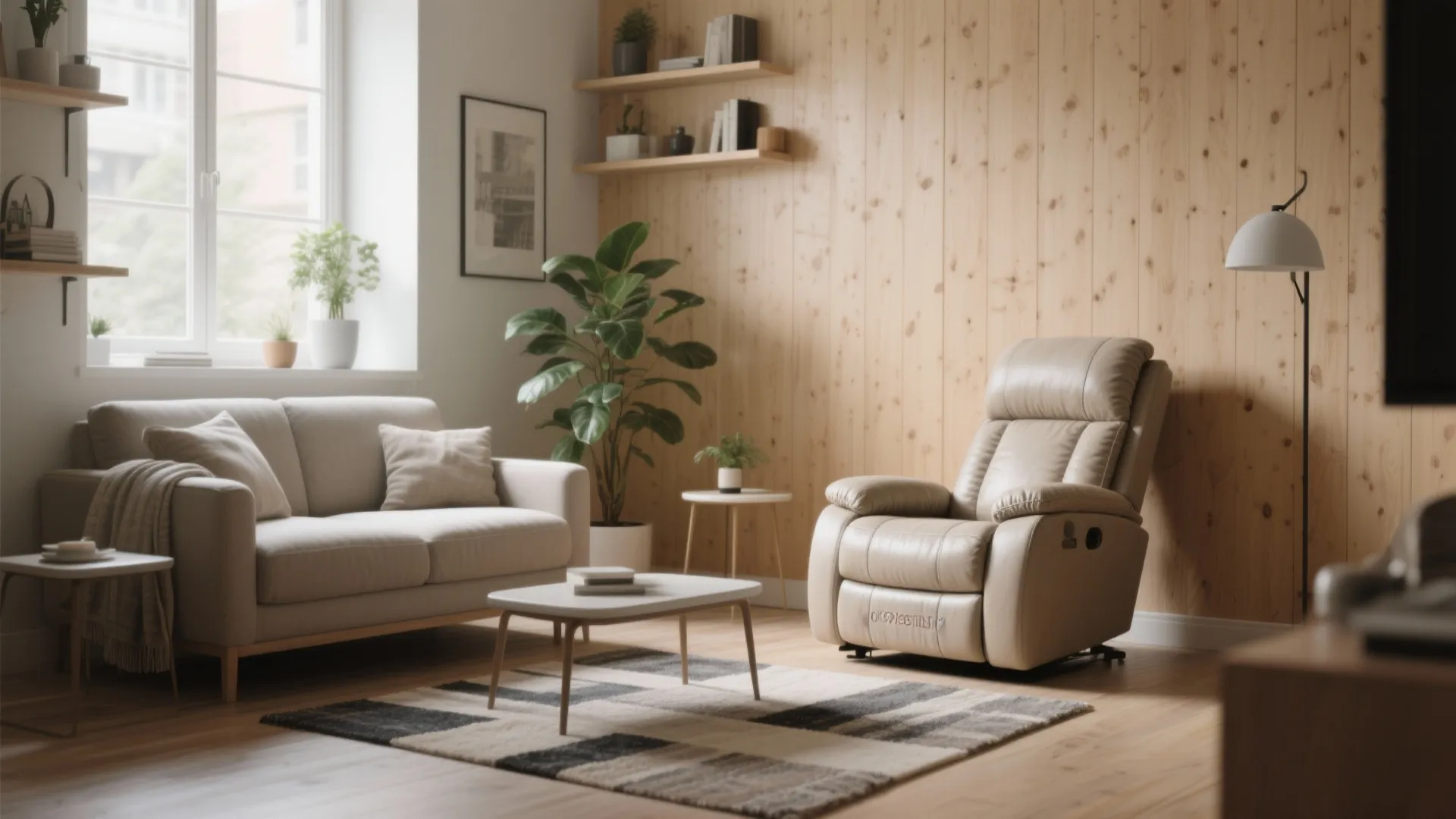 Living room with a beige sofa reclining chair wooden wall panel floor lamp and green plants