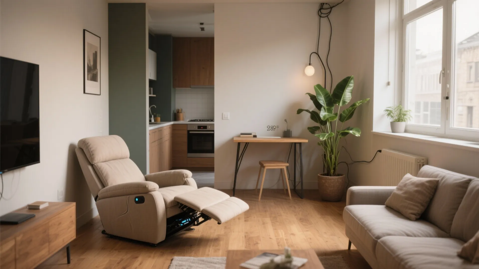 Modern living room with beige recliner chair wooden floor green plant sofa and kitchen background