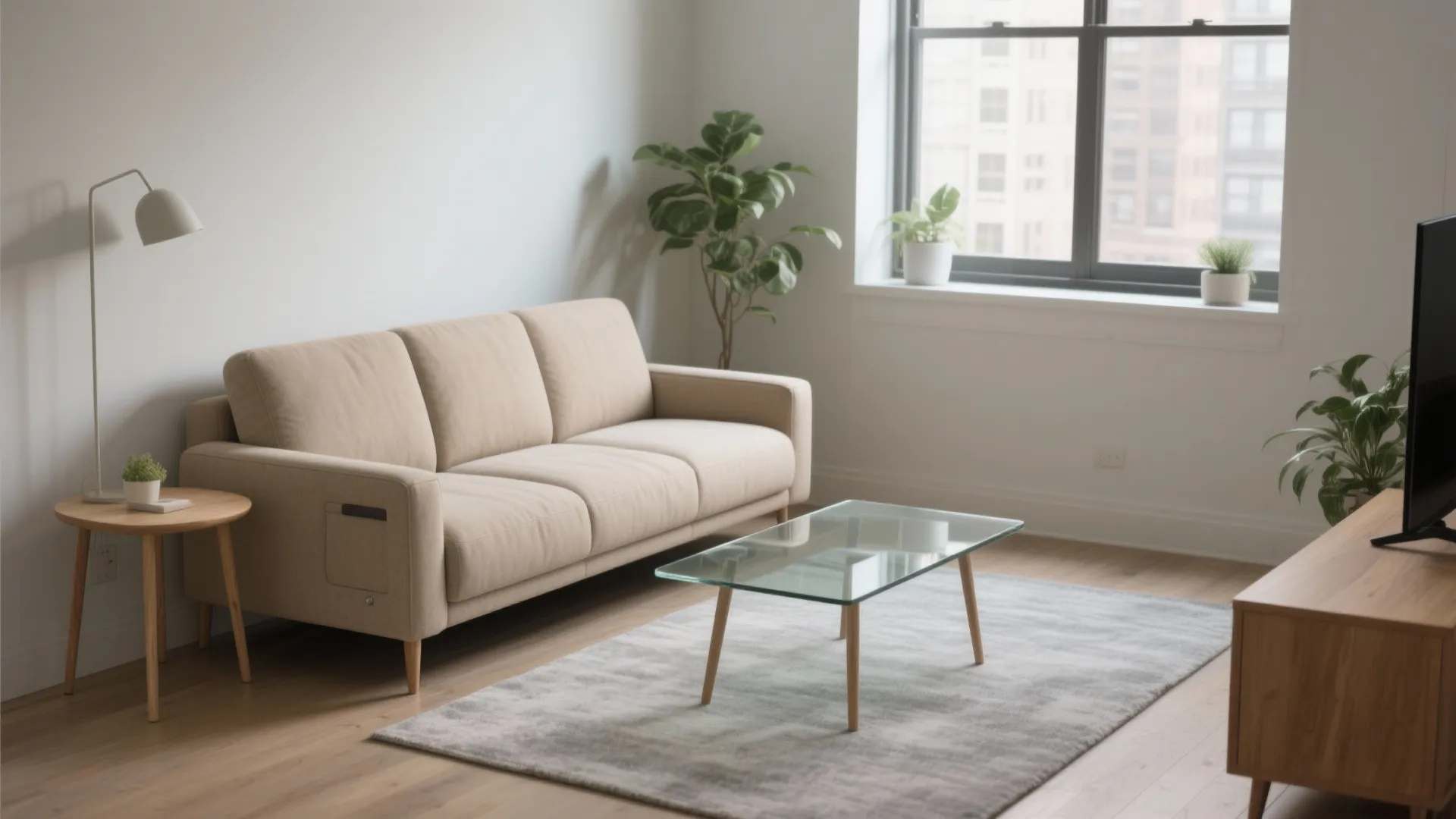 Minimalist living room featuring cream sofa glass table grey rug floor lamp and large window view