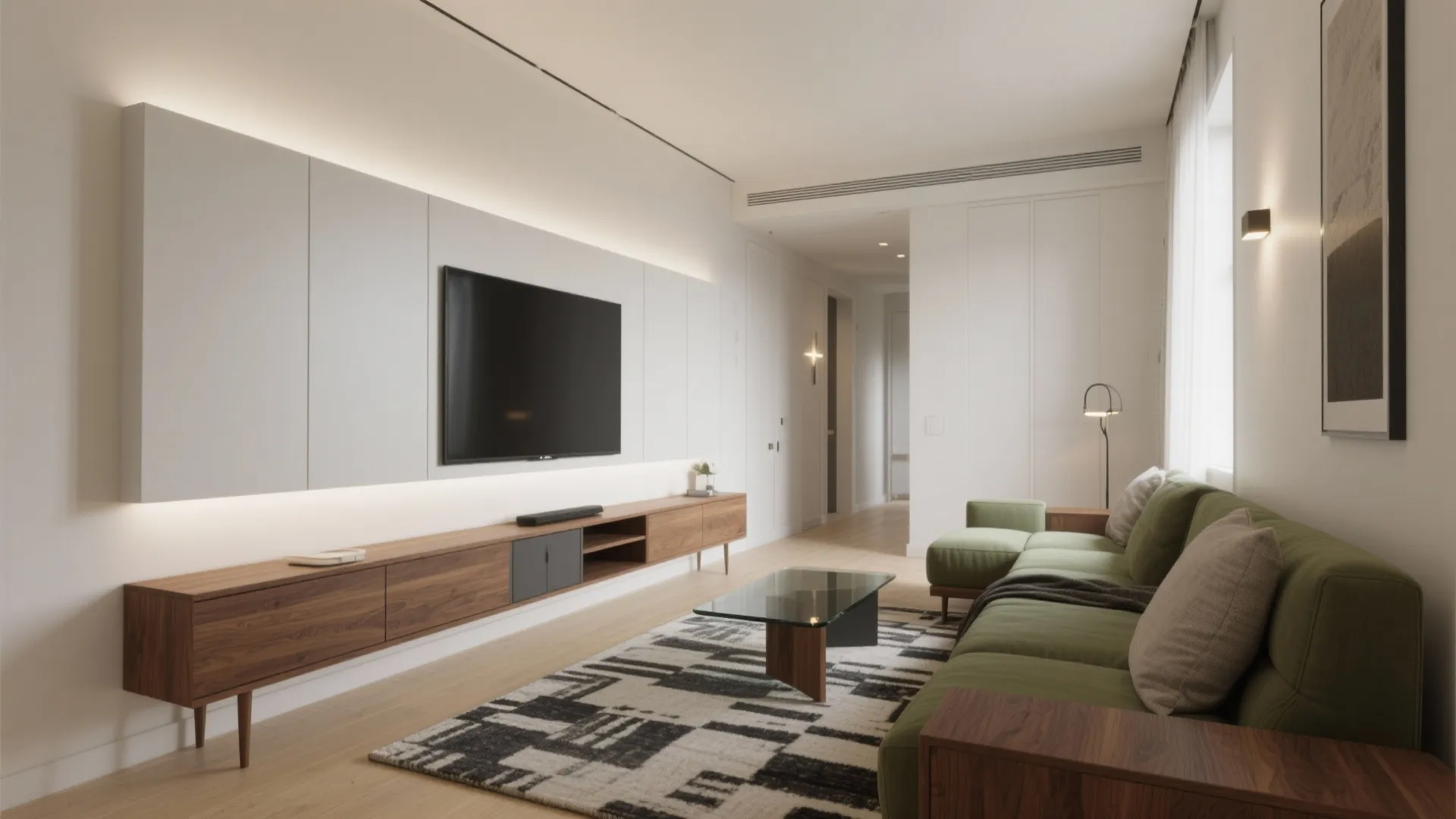Modern living room with green sofa wooden cabinet wall light white panel and large television