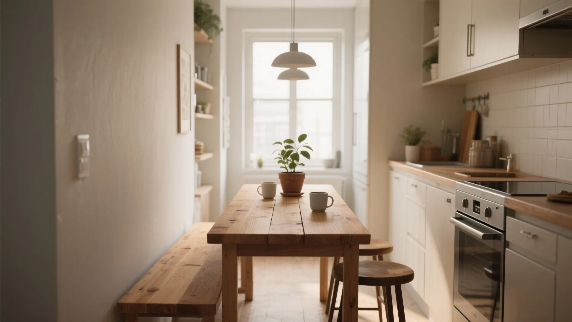 Modern small kitchen with wooden dining table, wooden bench, white cabinets, oven, and ceiling light