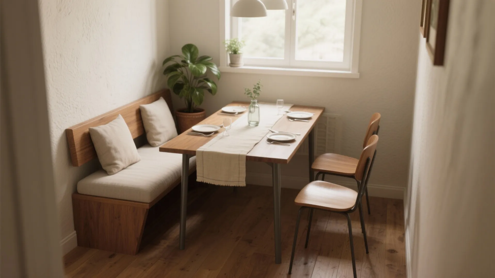 Small wooden dining table with a bench and two chairs next to a bright window