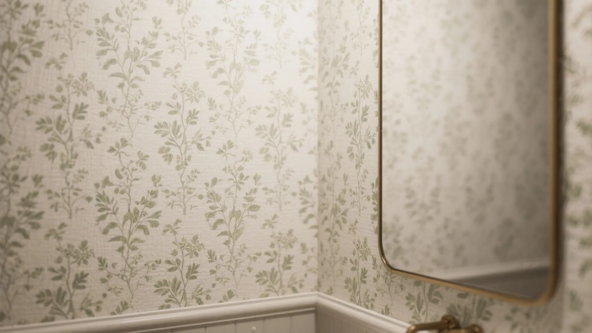 Floral pattern wallpaper on a wall next to a gold mirror in a small room