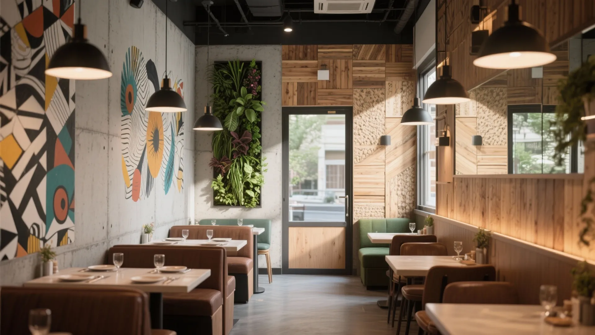 Modern restaurant dining area with brown leather booths and colorful wall art beside wood panels