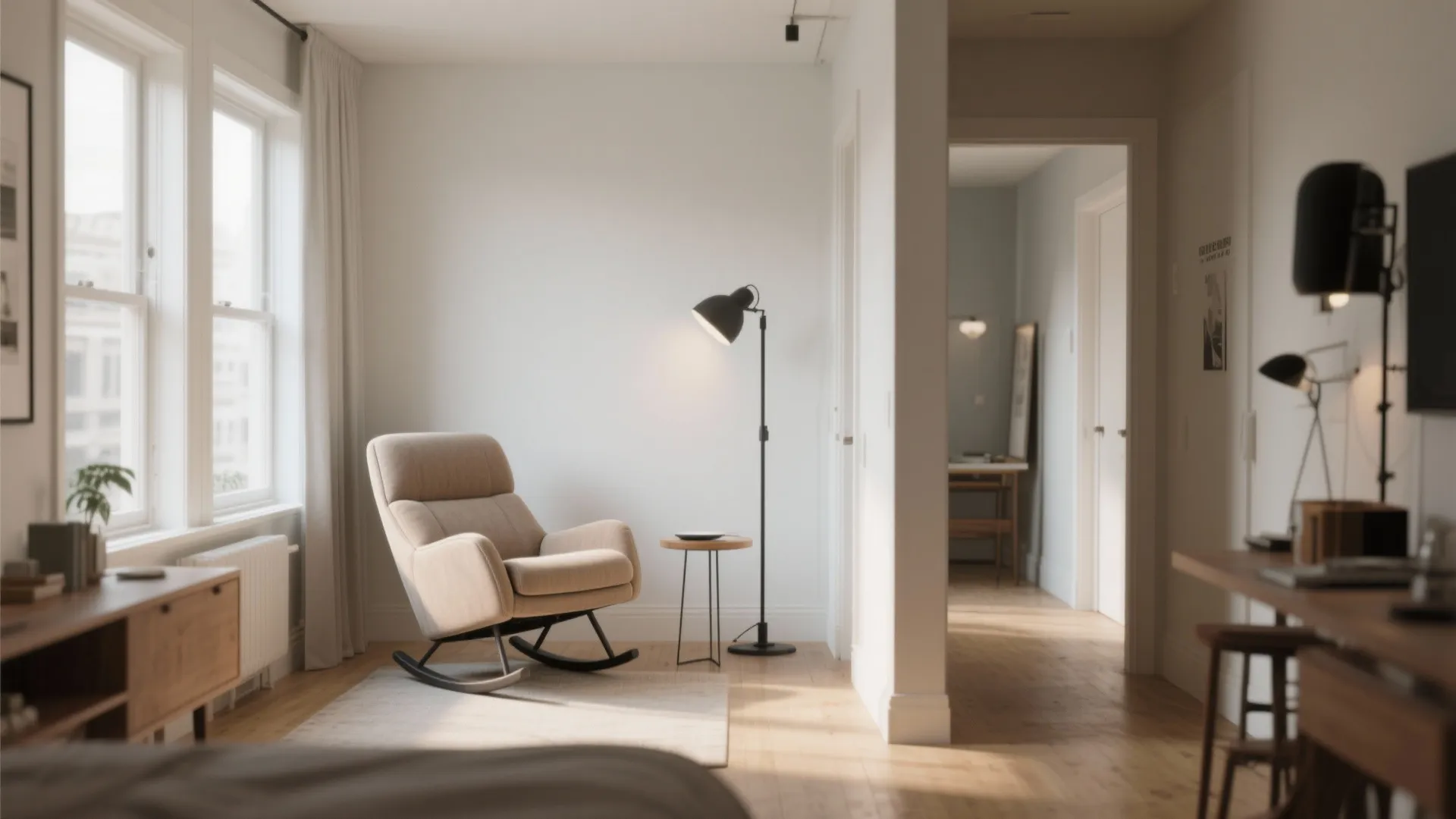 Studio apartment with a compact rocker styled with a slim side table to show scale and clearance.