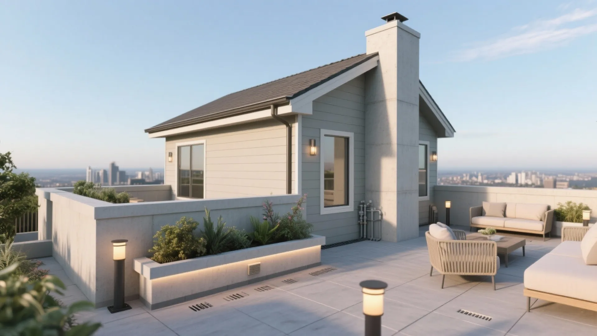 Modern rooftop terrace with small grey house outdoor sofa coffee table plants and city view