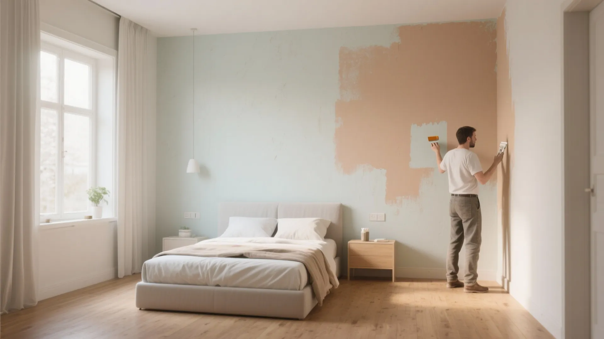 Wide-angle view of a small bedroom painted in light tones with an accent wall and a painter testing a sample patch.