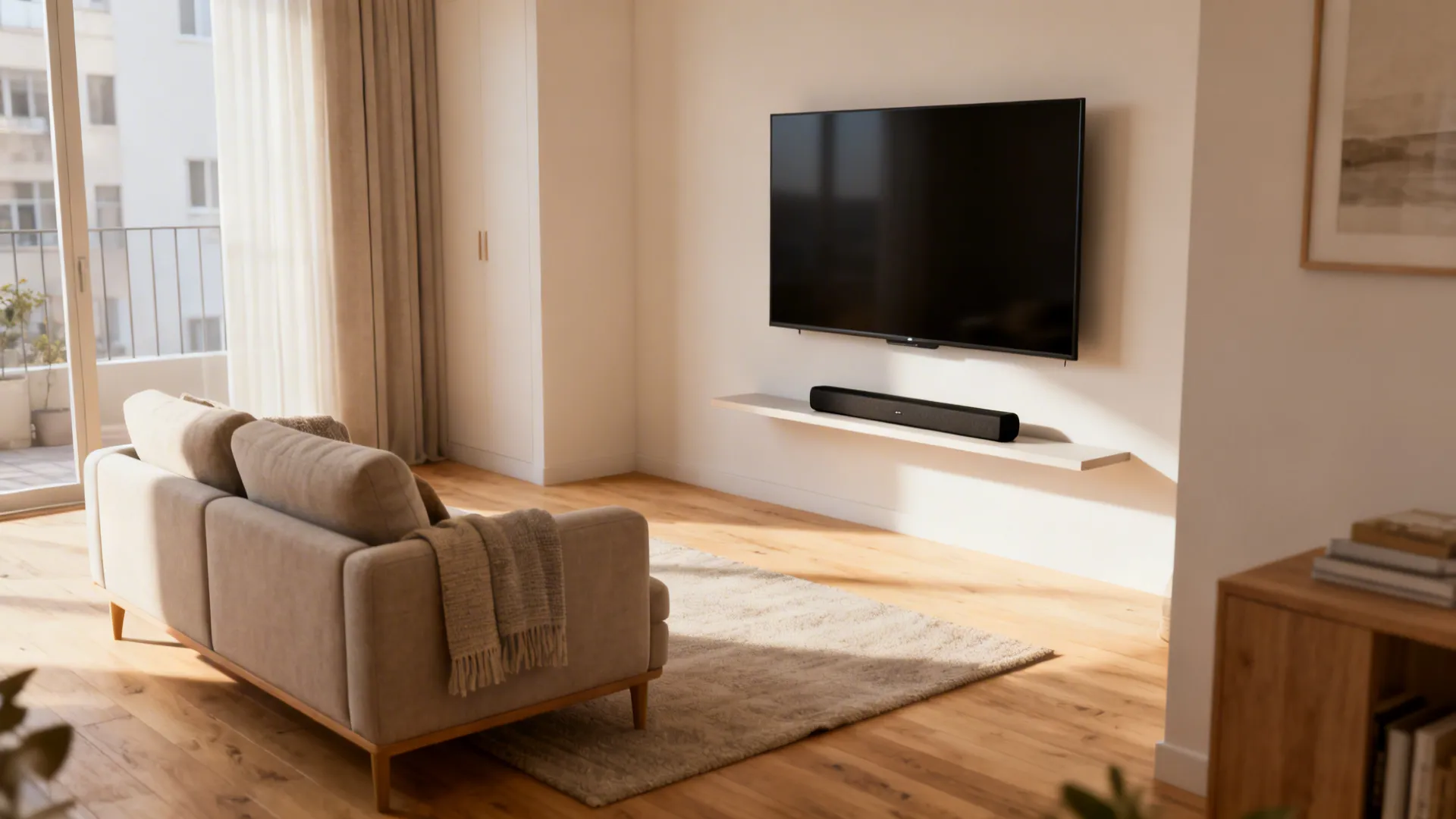 Cozy small living room with a 40–50 inch TV, compact sofa, soundbar and warm wood floor